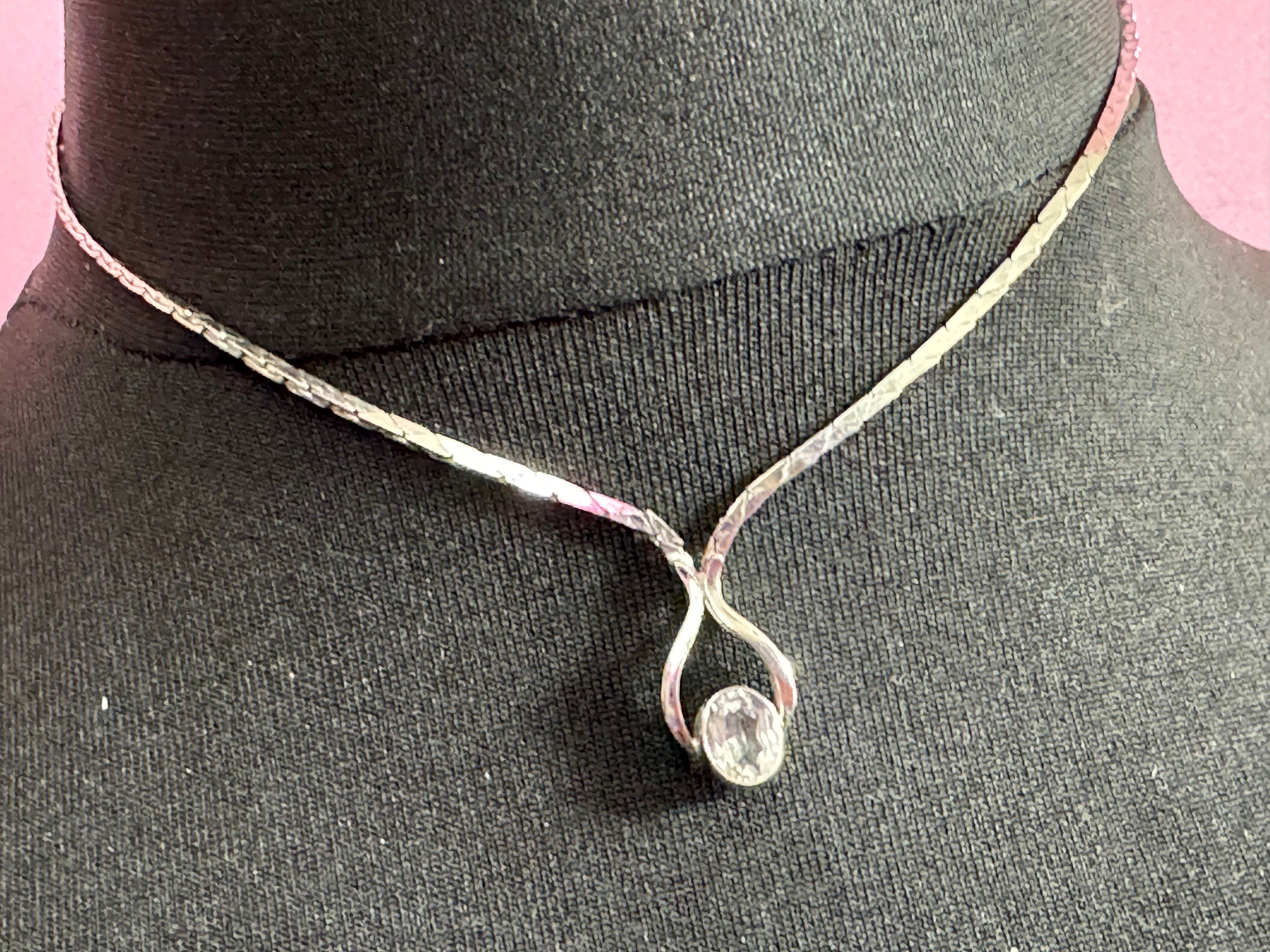 Vintage 800 Silver Diamanté Pendant Necklace - 1970s Oval Rivière