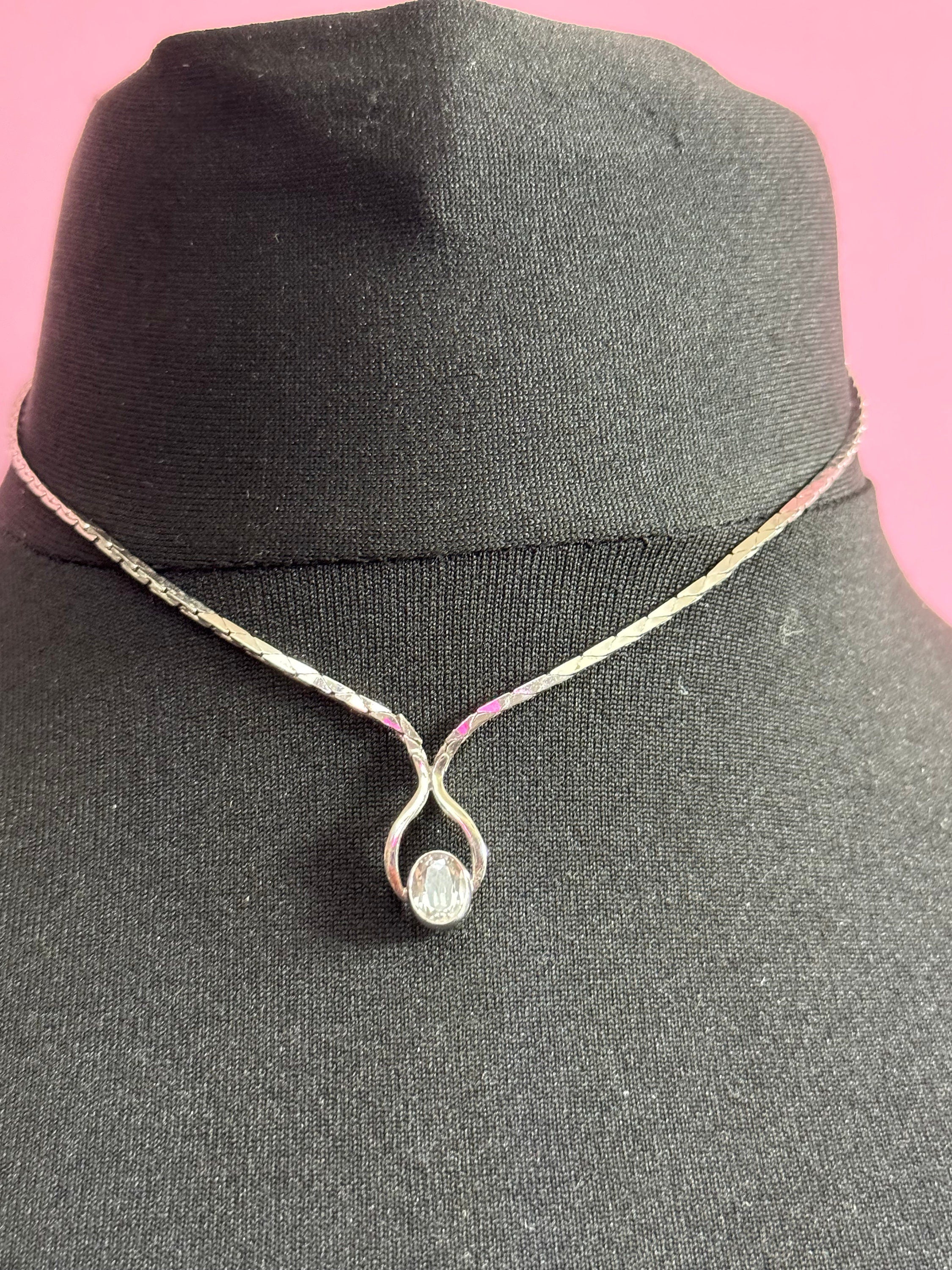 Vintage 800 Silver Diamanté Pendant Necklace - 1970s Oval Rivière