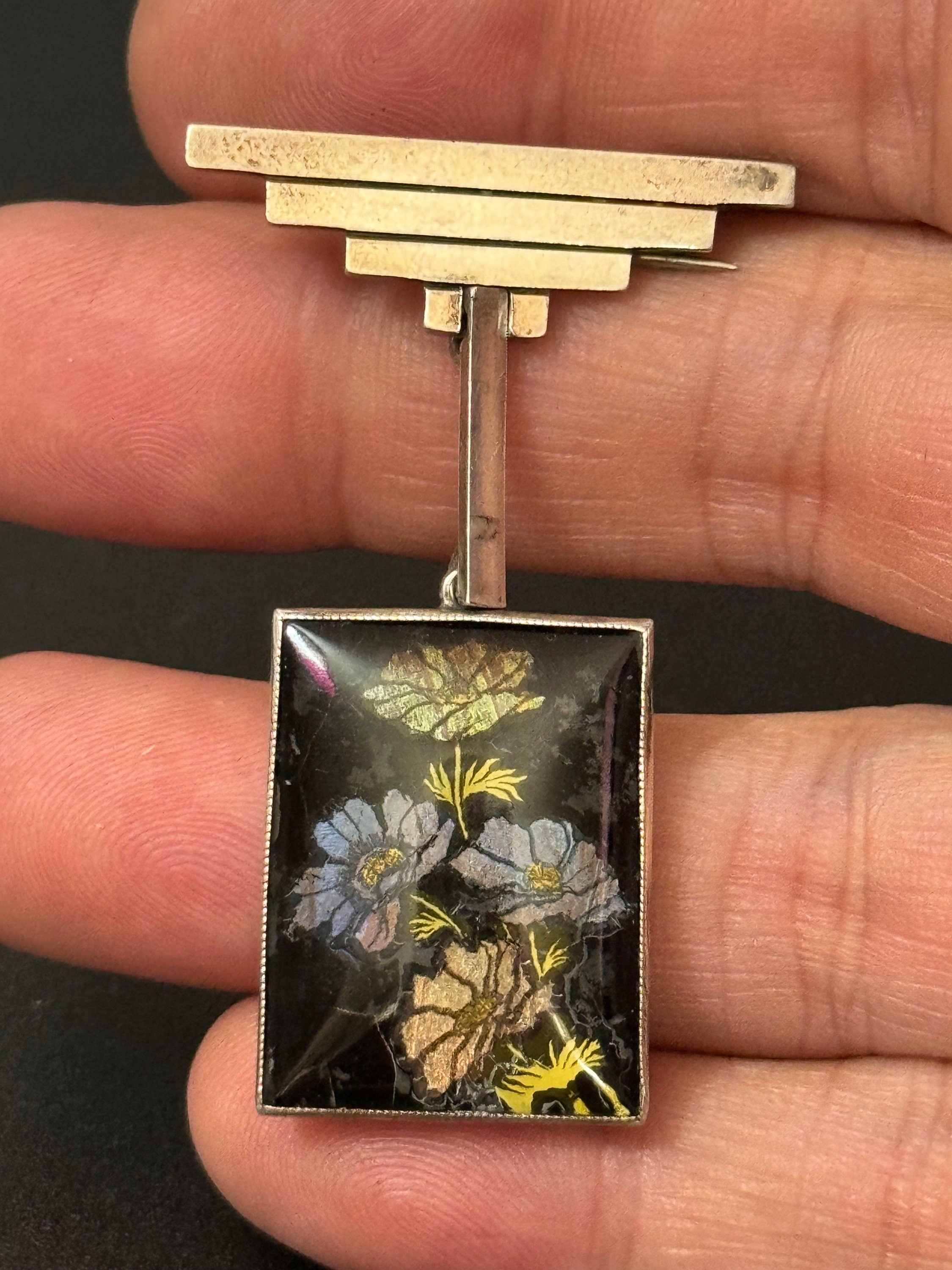 Vintage 925 Silver pastel Blue pink Butterfly Wing art deco pendant dangle brooch