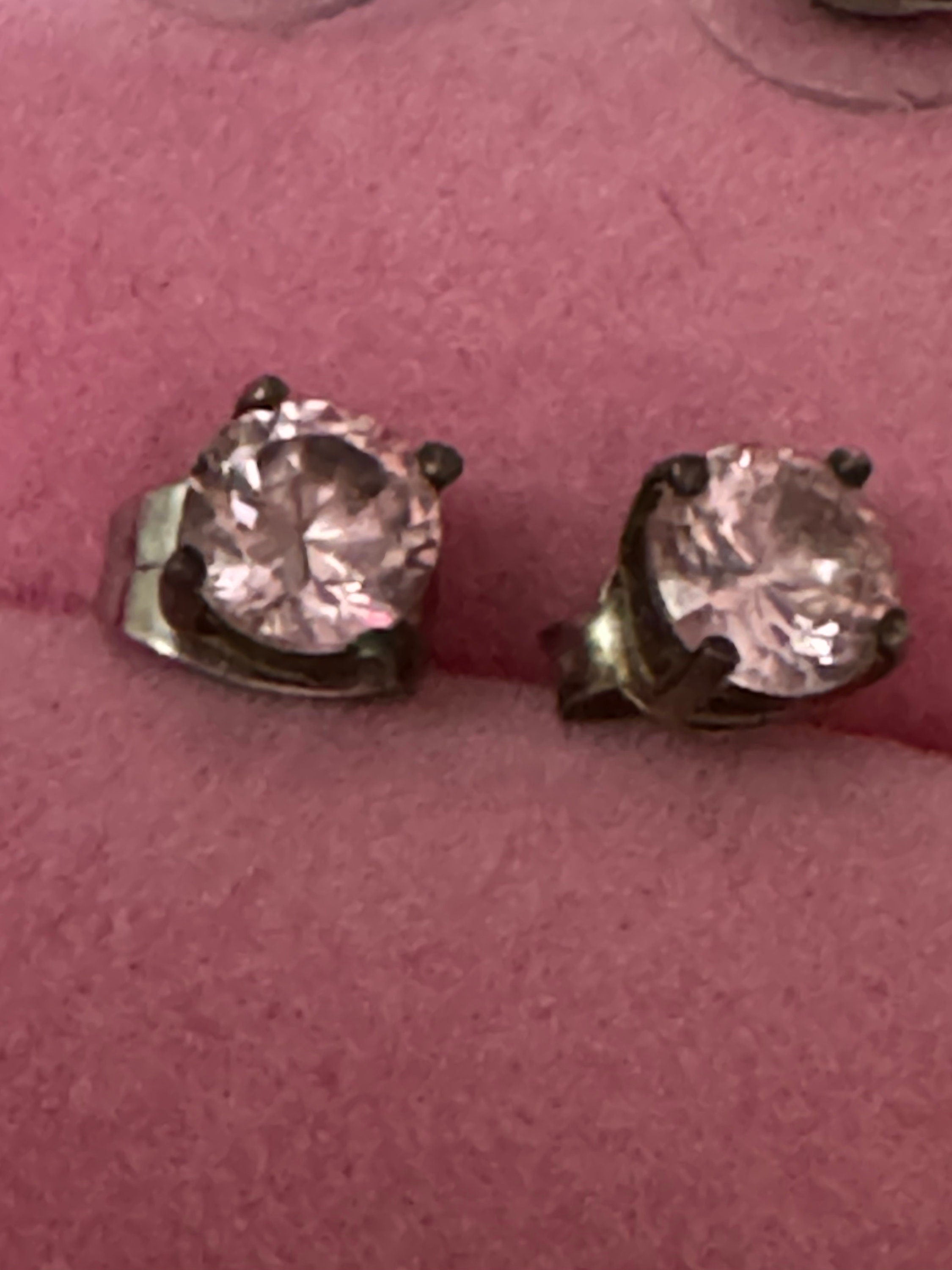 Vintage 925 Sterling silver pink diamanté small round stud earrings pierced