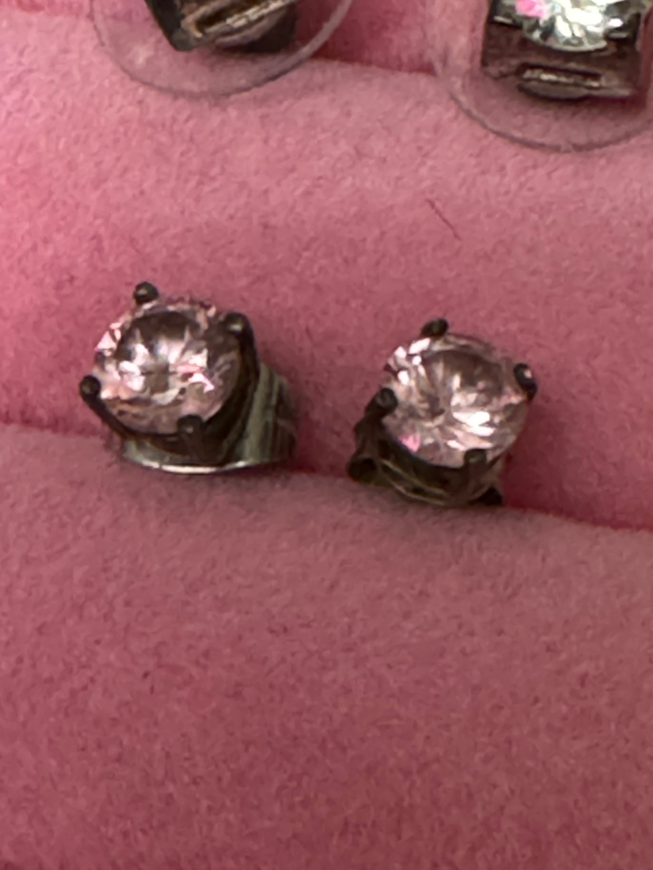 Vintage 925 Sterling silver pink diamanté small round stud earrings pierced
