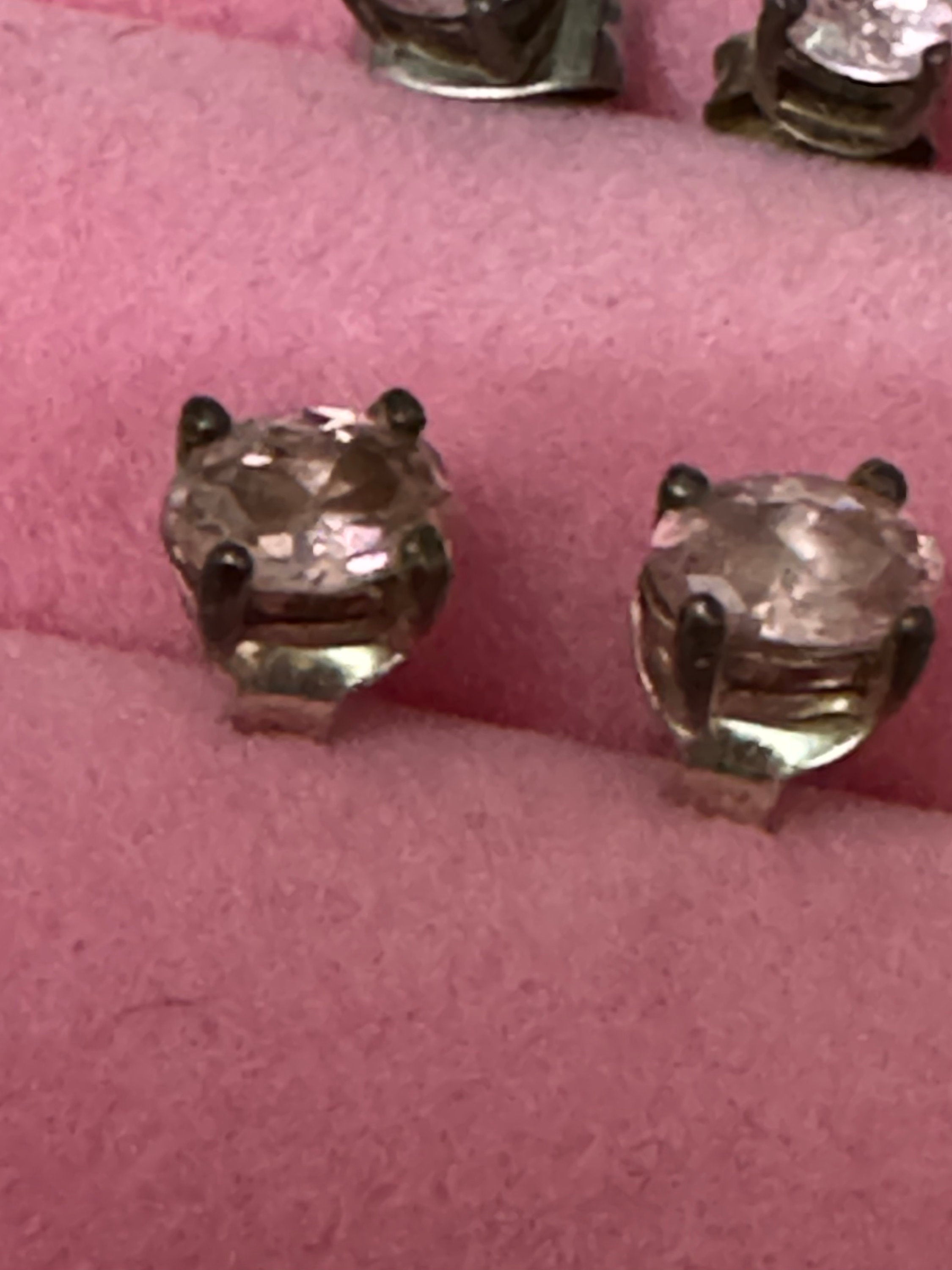 Vintage 925 Sterling silver pink diamanté small oval stud earrings pierced