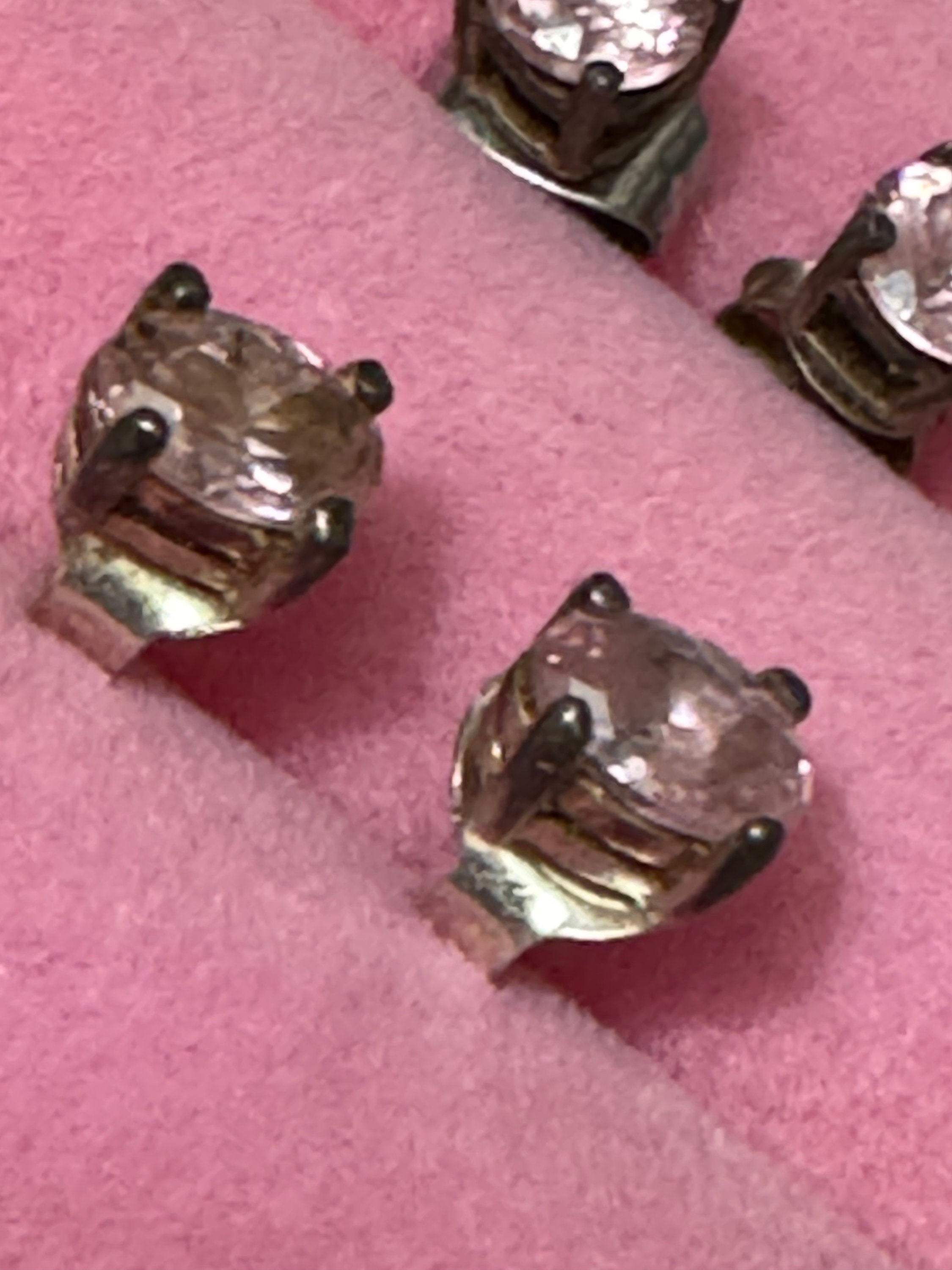 Vintage 925 Sterling silver pink diamanté small oval stud earrings pierced