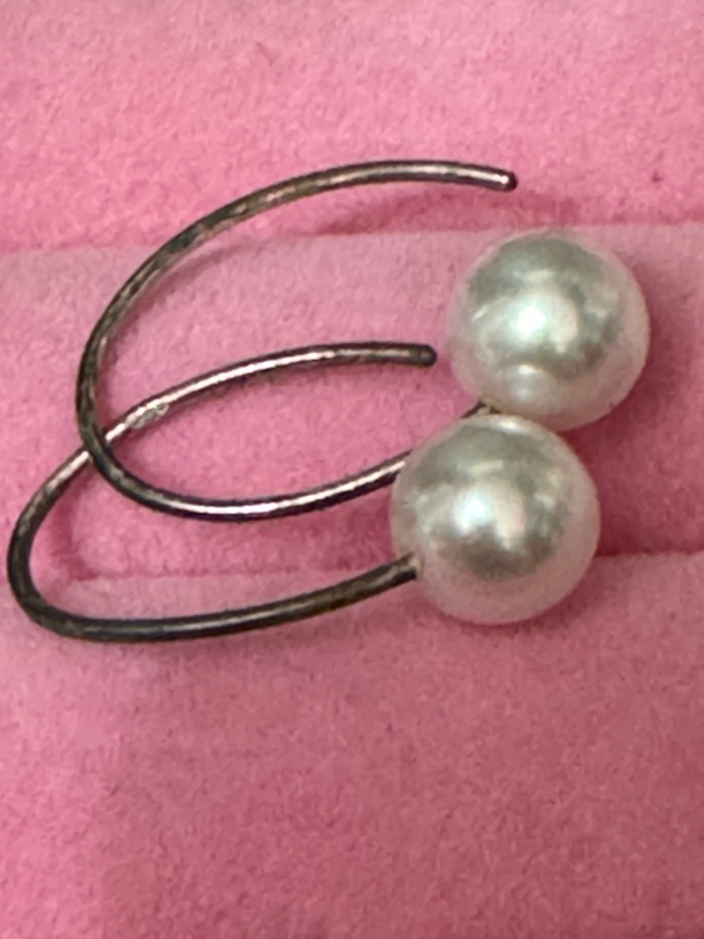 925 Sterling silver faux pearl small hoop hook stud earrings