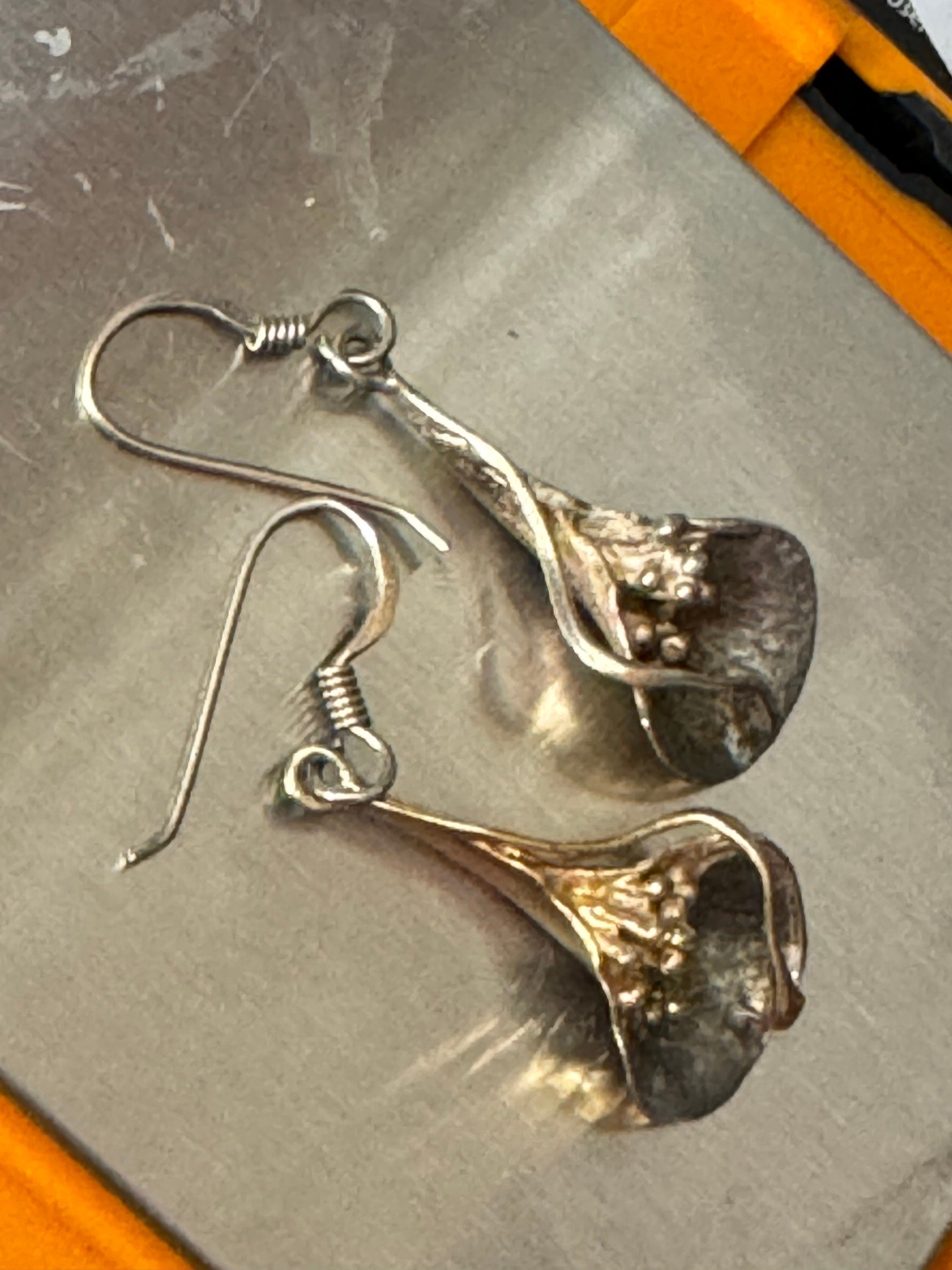 Vintage handmade artisan 925 sterling silver gilt floral nature inspired drop earrings pierced ears modernist