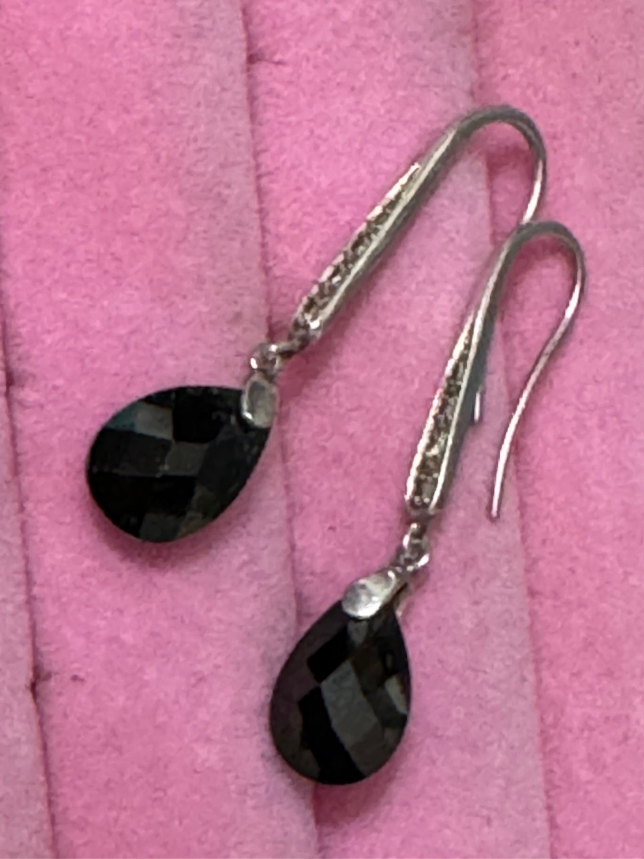 Vintage artisan 925 sterling silver black teardrop crystal drop earrings pierced ears modernist