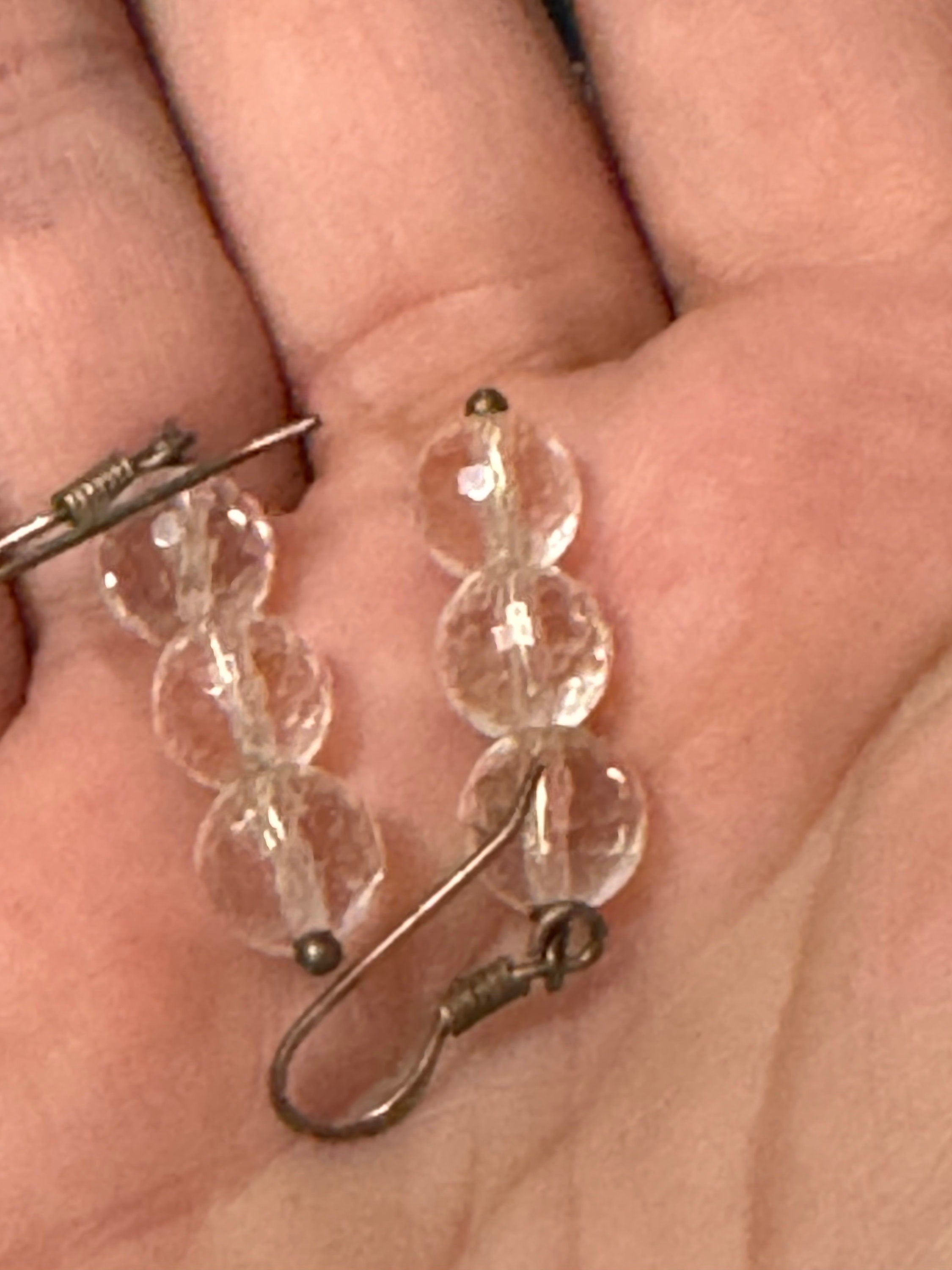 Vintage handmade 925 sterling silver ckear faceted beaded crystal drop earrings pierced ears modernist