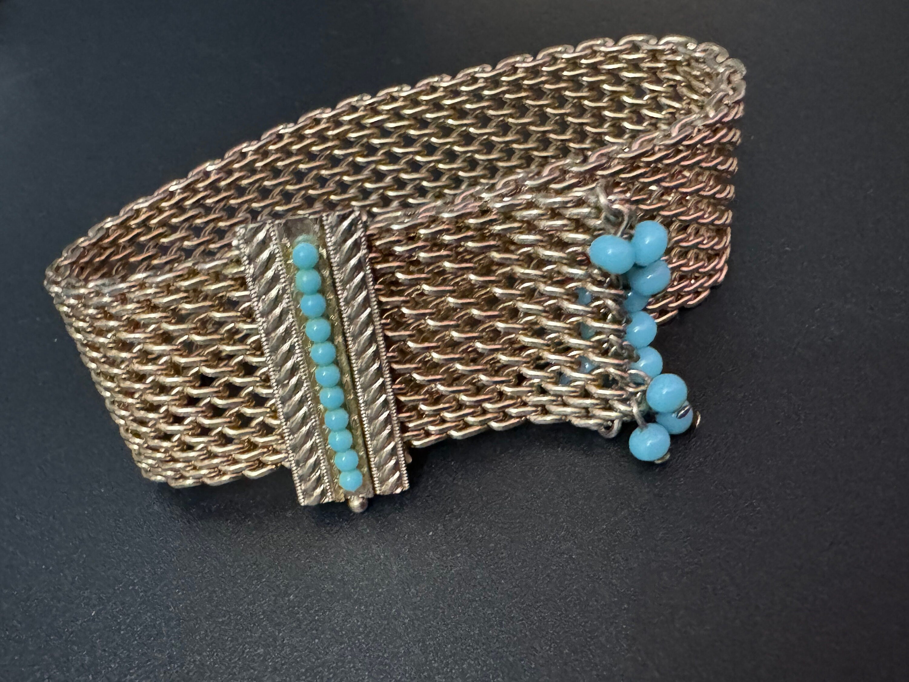 Mid century modernist gold and turquoise paste gem set wide mesh tassel bracelet 1960s 1970s Brutalist abstract