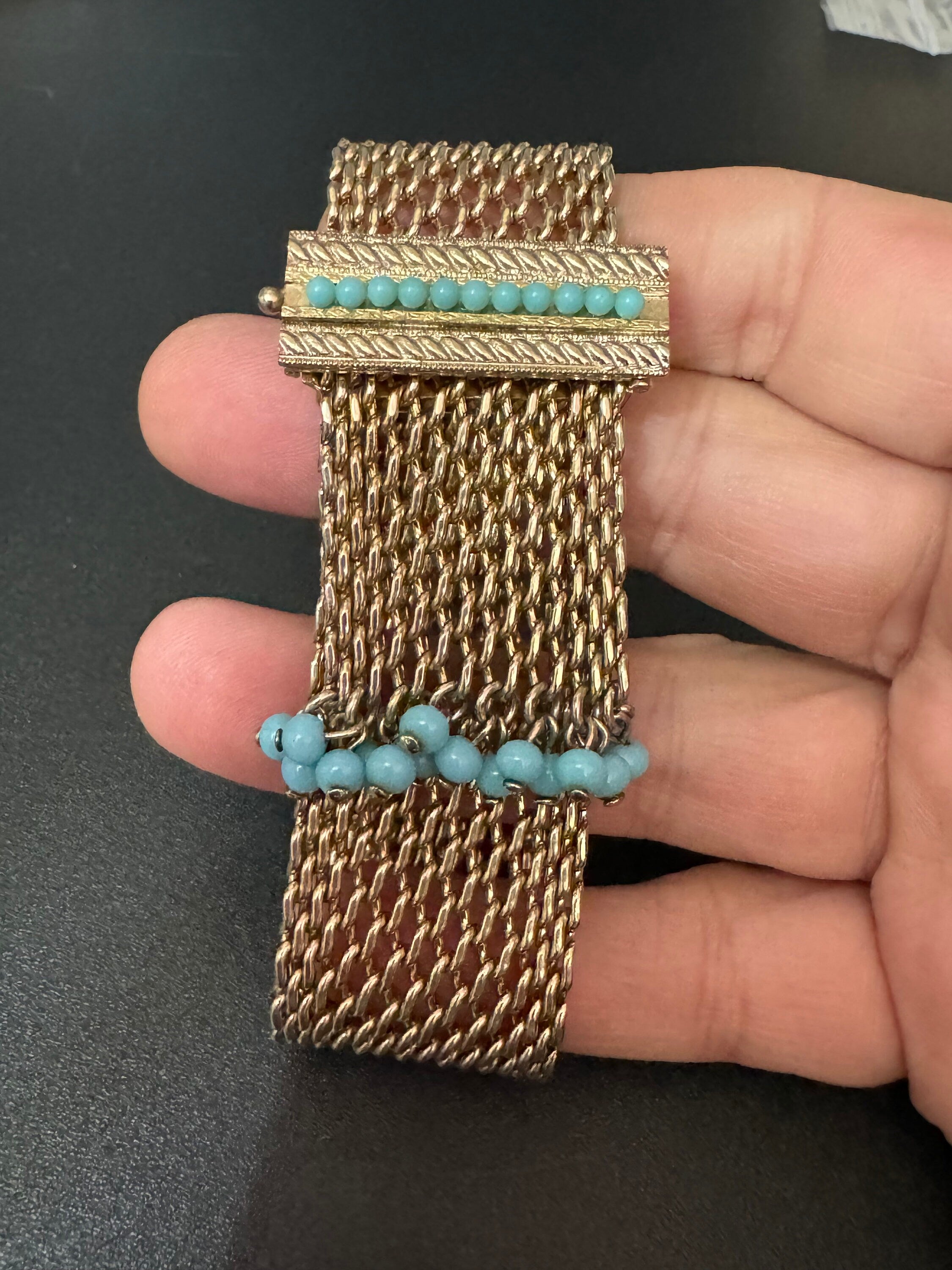 Mid century modernist gold and turquoise paste gem set wide mesh tassel bracelet 1960s 1970s Brutalist abstract