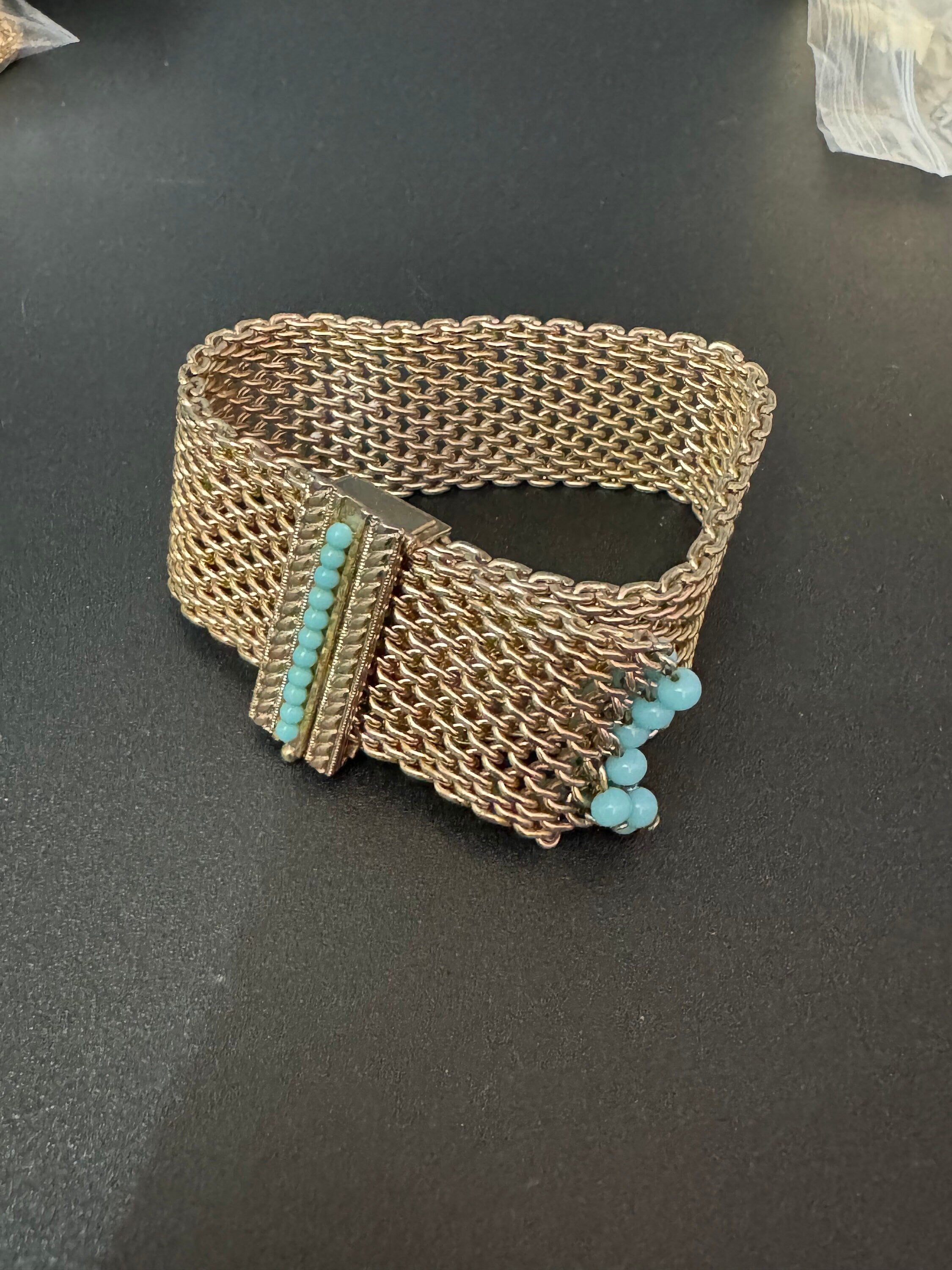 Mid century modernist gold and turquoise paste gem set wide mesh tassel bracelet 1960s 1970s Brutalist abstract