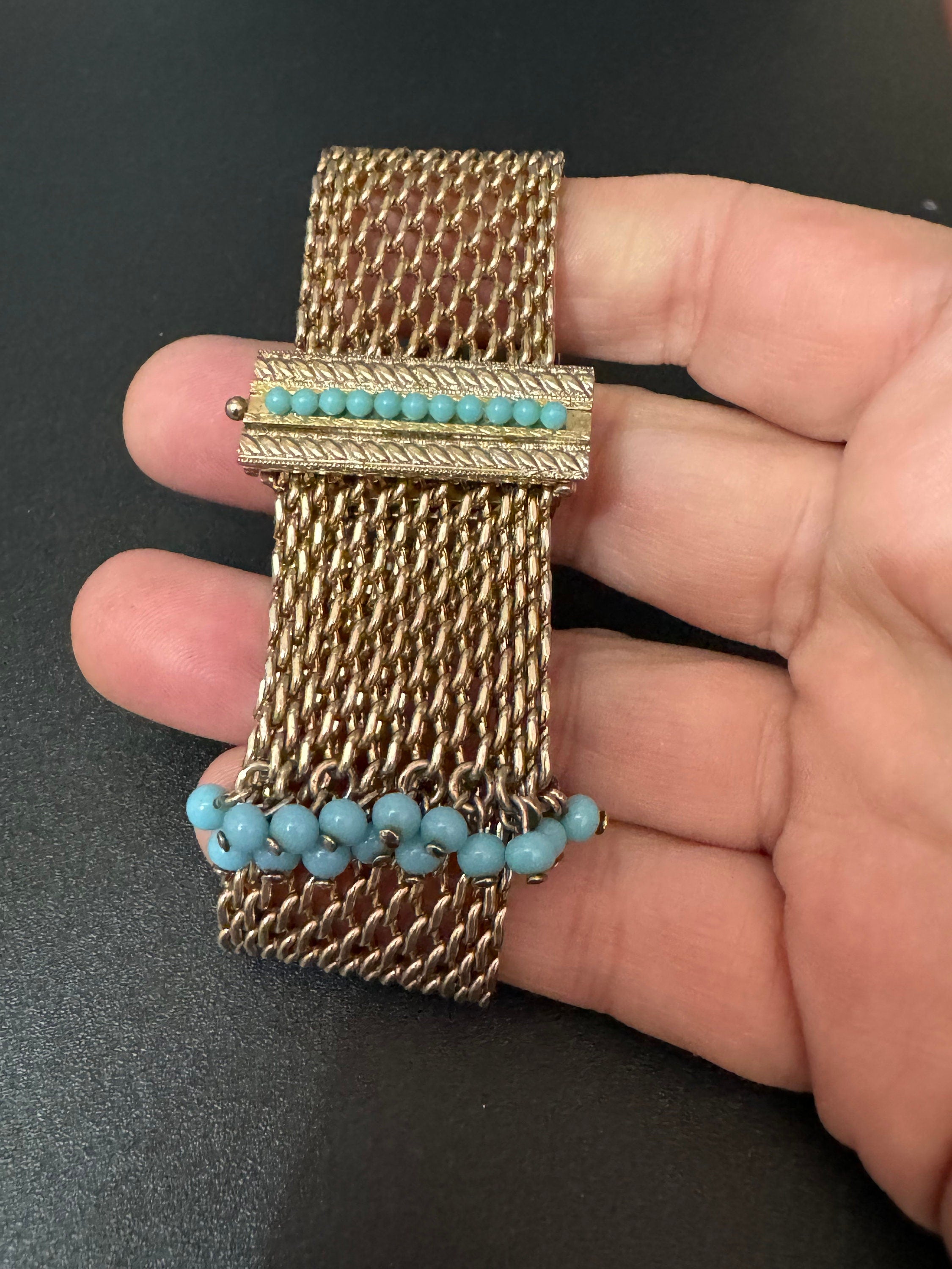 Mid century modernist gold and turquoise paste gem set wide mesh tassel bracelet 1960s 1970s Brutalist abstract