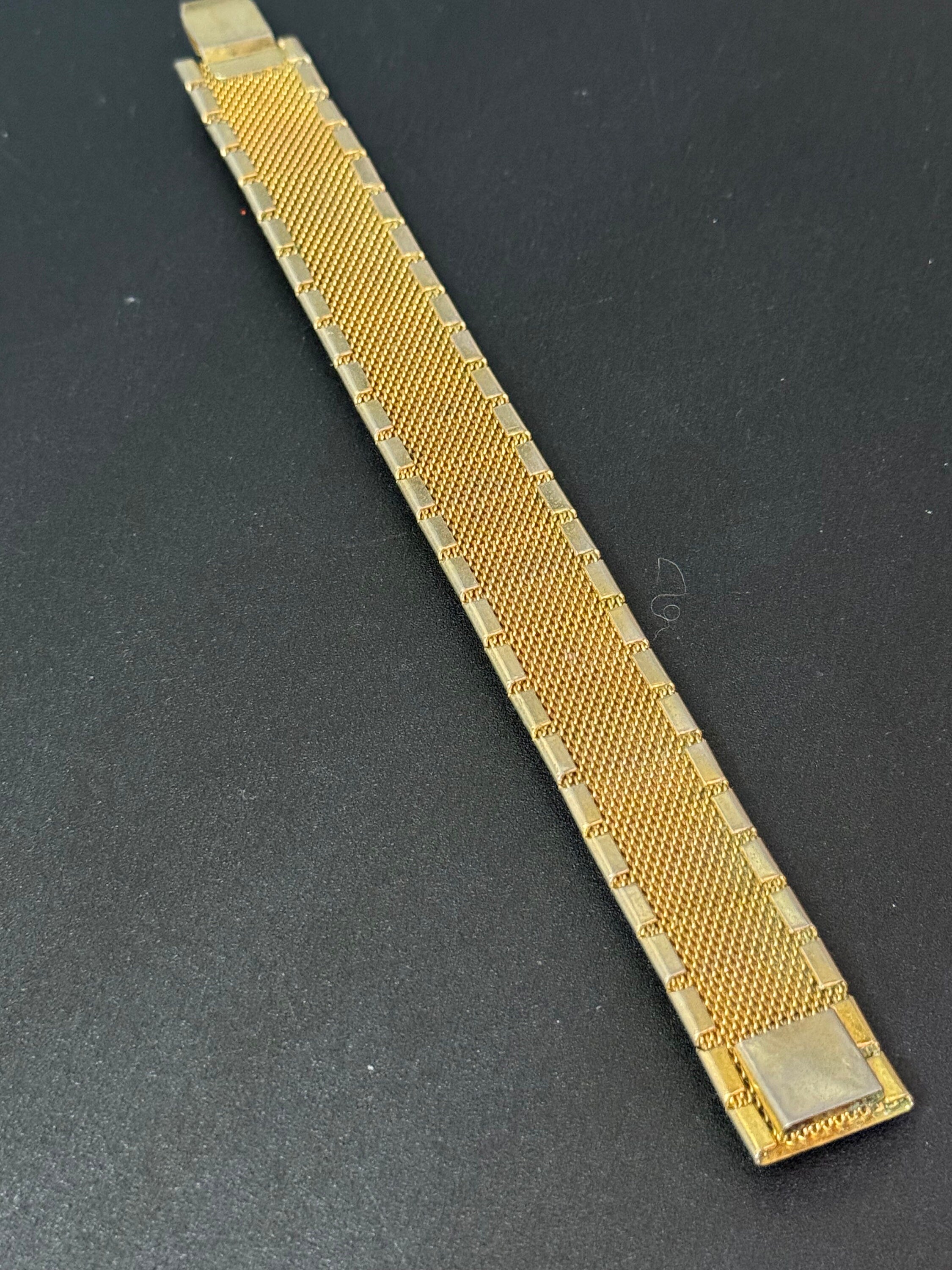 Mid century modernist gold and turquoise paste gem set wide mesh tassel bracelet 1960s 1970s Brutalist abstract