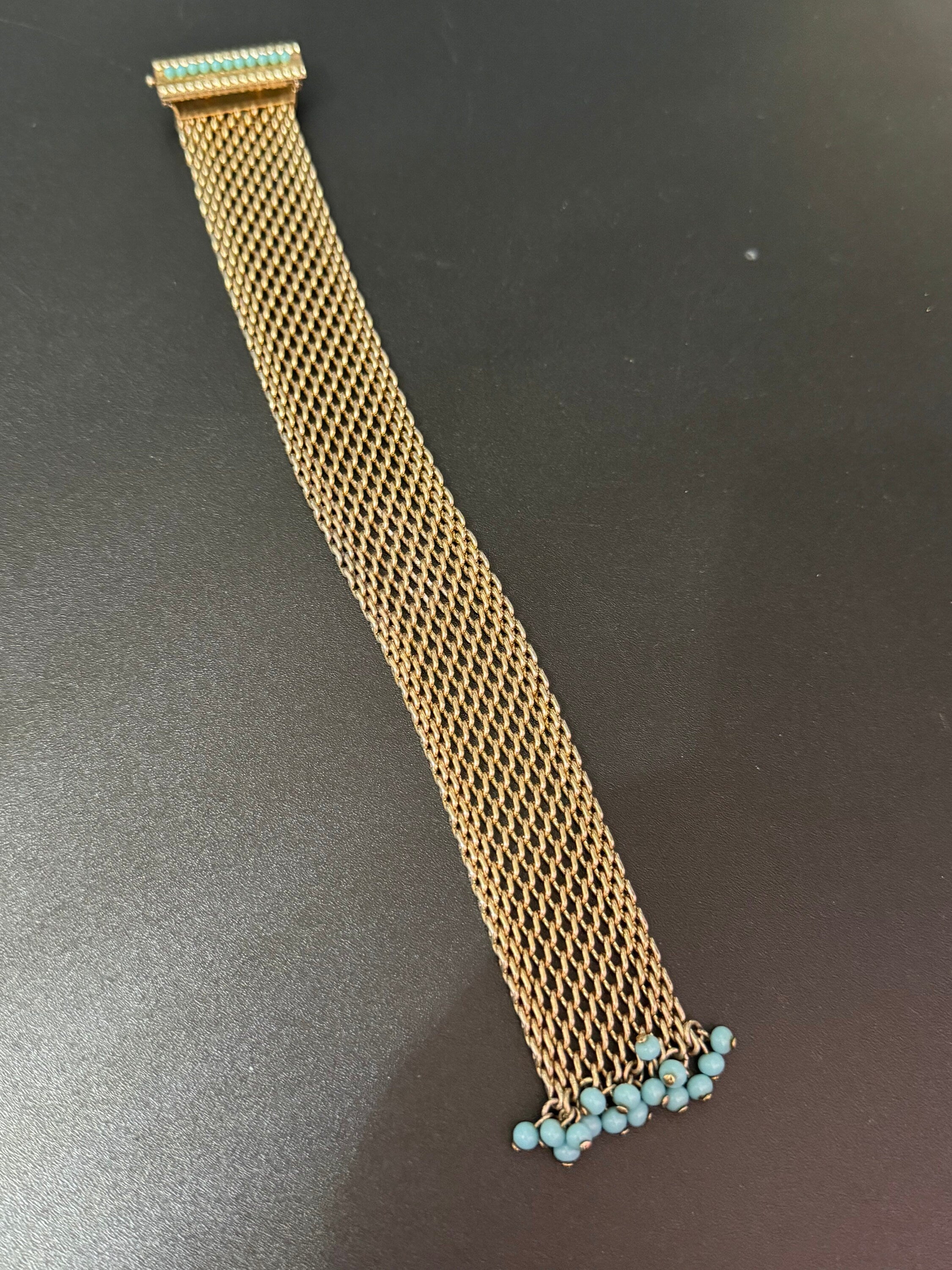 Mid century modernist gold and turquoise paste gem set wide mesh tassel bracelet 1960s 1970s Brutalist abstract