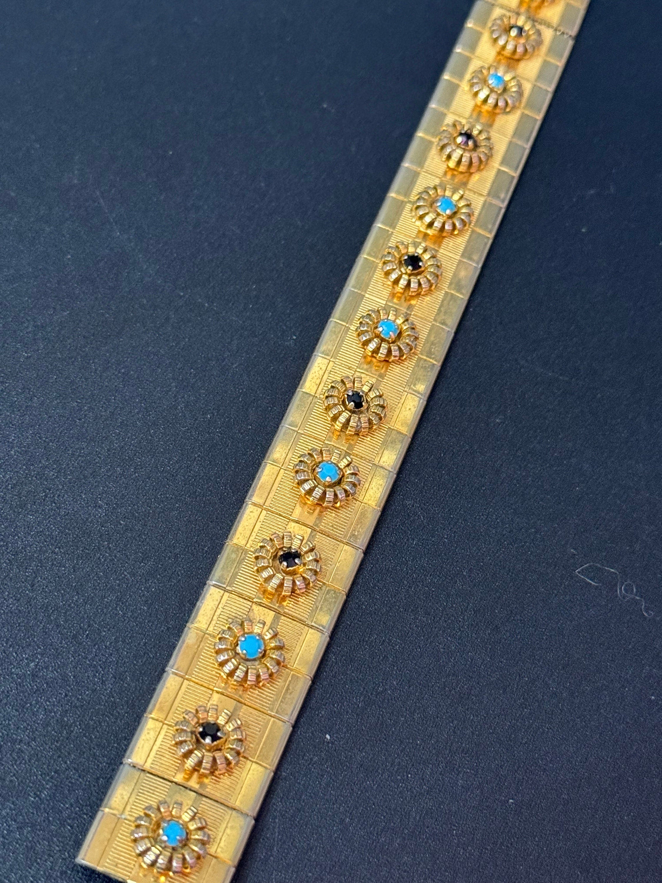 Mid century modernist gold black and turquoise paste gem set wide cuff bracelet 1960s 1970s Brutalist abstract