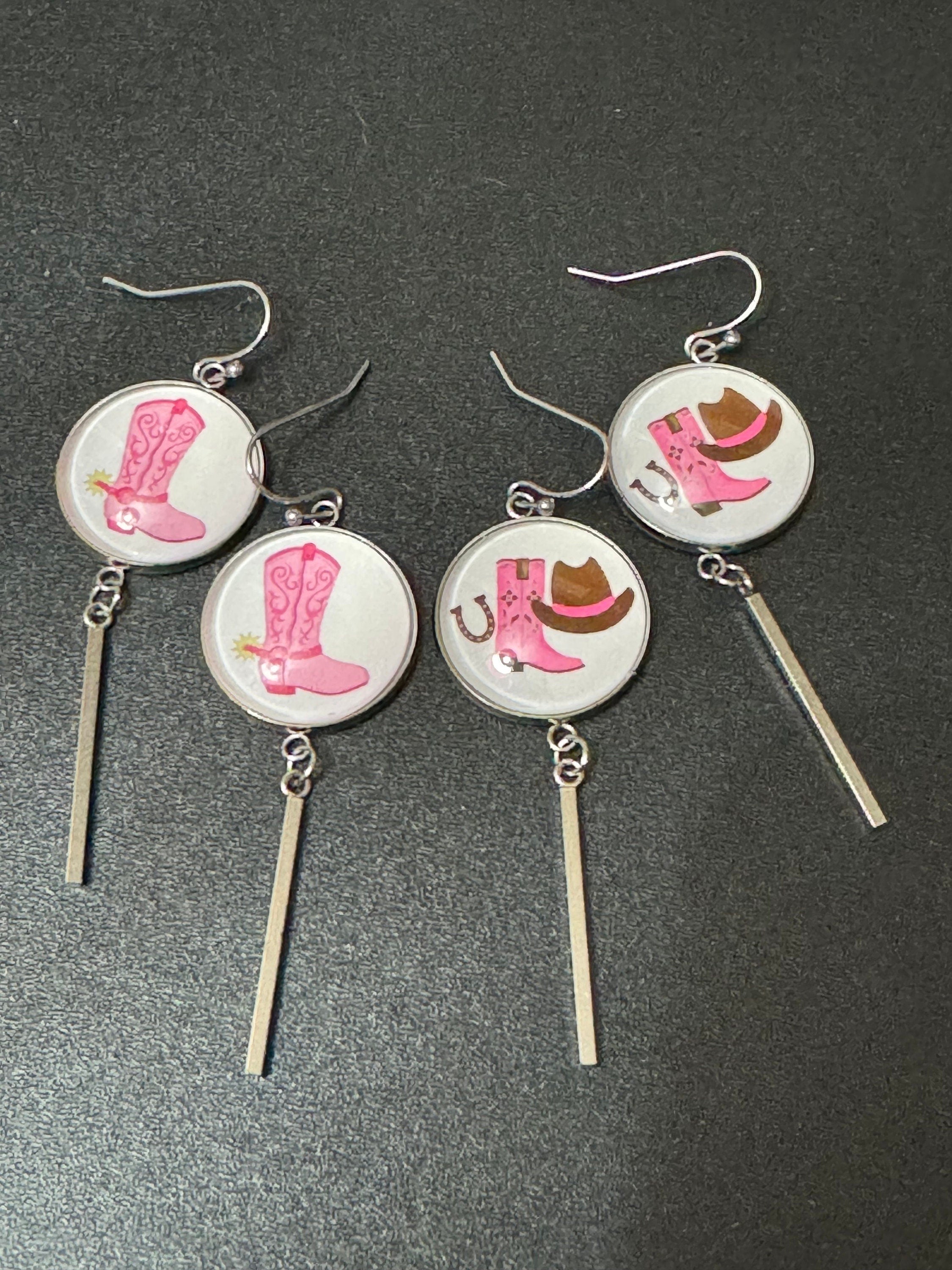 Cowboy boots cowgirl long dangly pierced earrings stainless steel so no tarnish