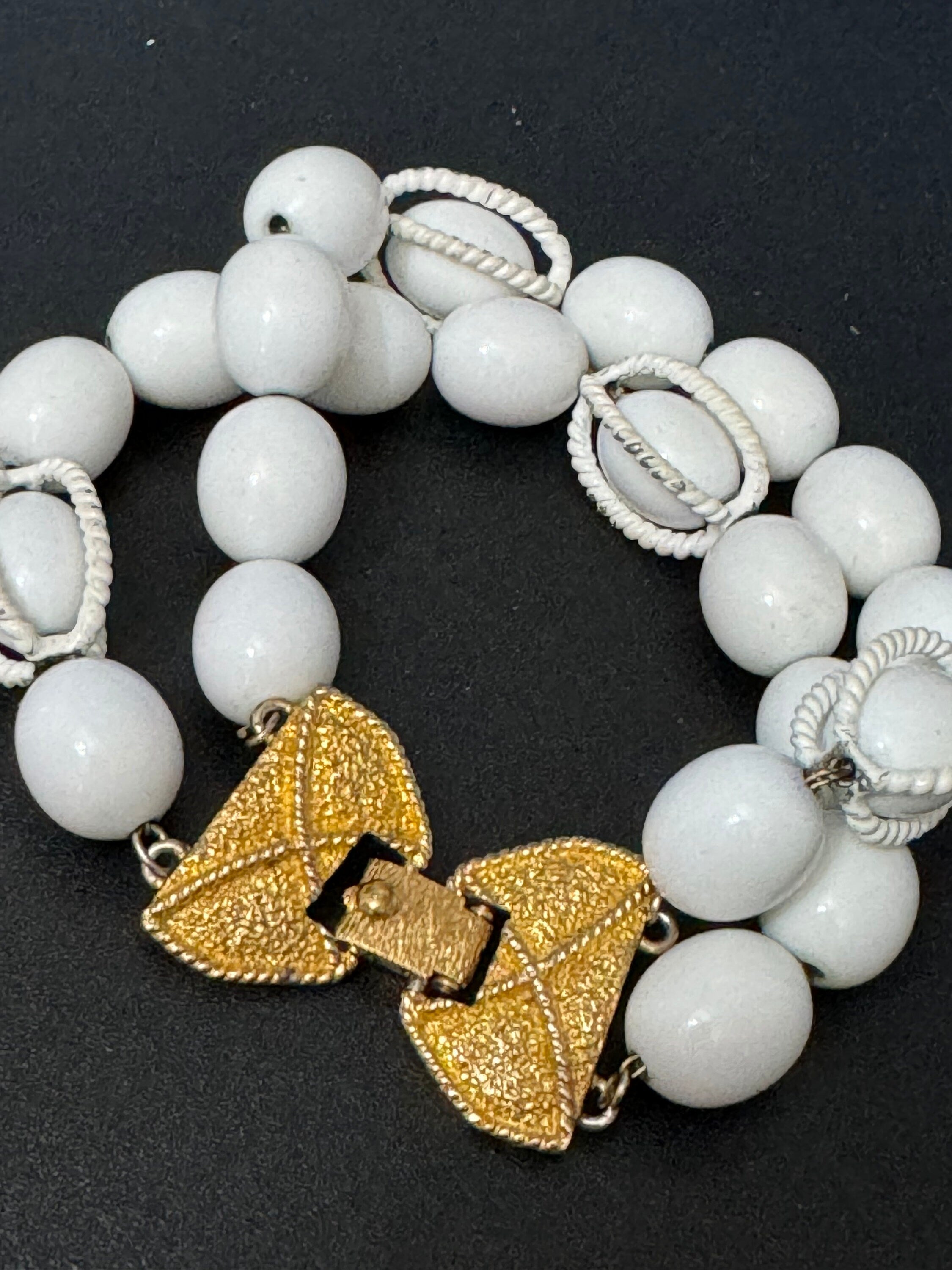 Vintage Monet signed white beaded nautical style clip on earring and bracelet jewellery set