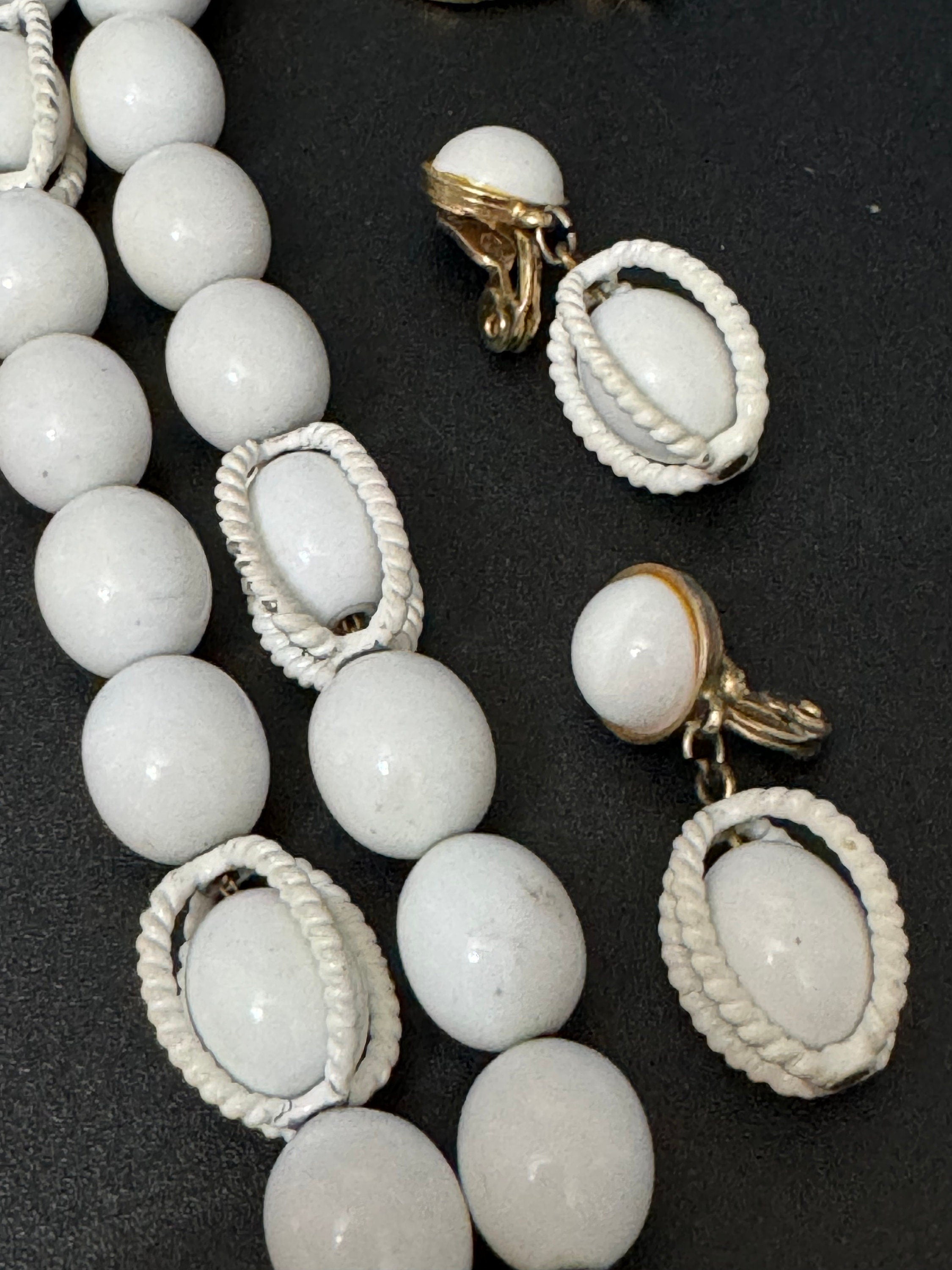 Vintage Monet signed white beaded nautical style clip on earring and bracelet jewellery set