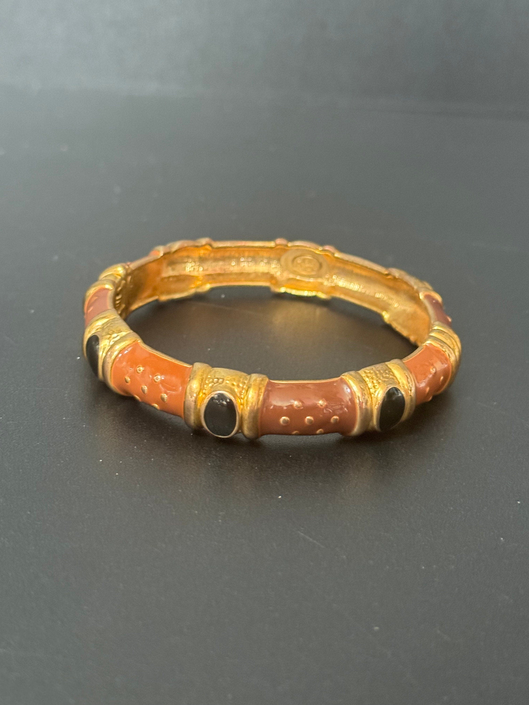 Signed Joan rivers gold plated brown black enamel clamper bangle cuff bracelet