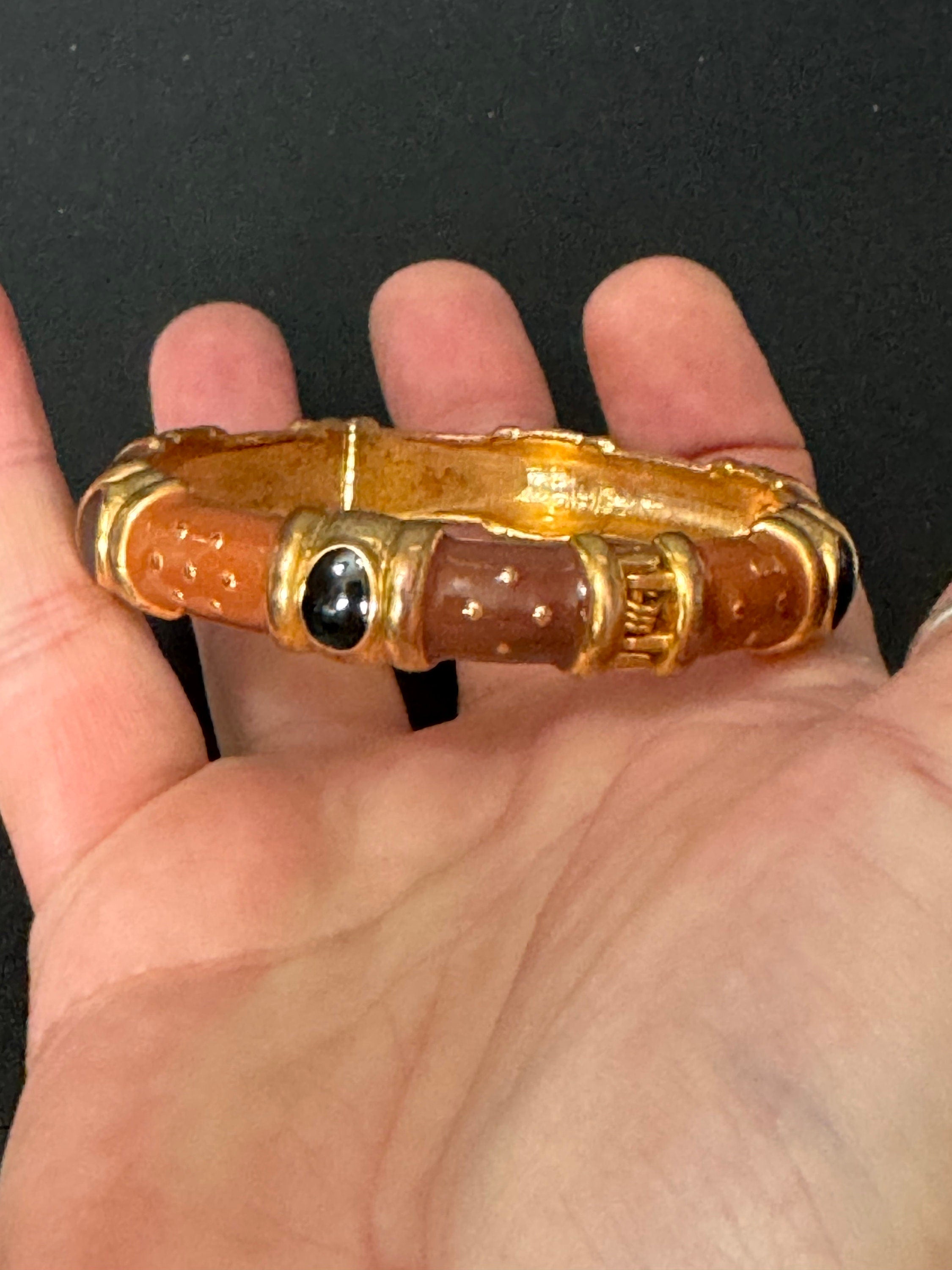 Signed Joan rivers gold plated brown black enamel clamper bangle cuff bracelet