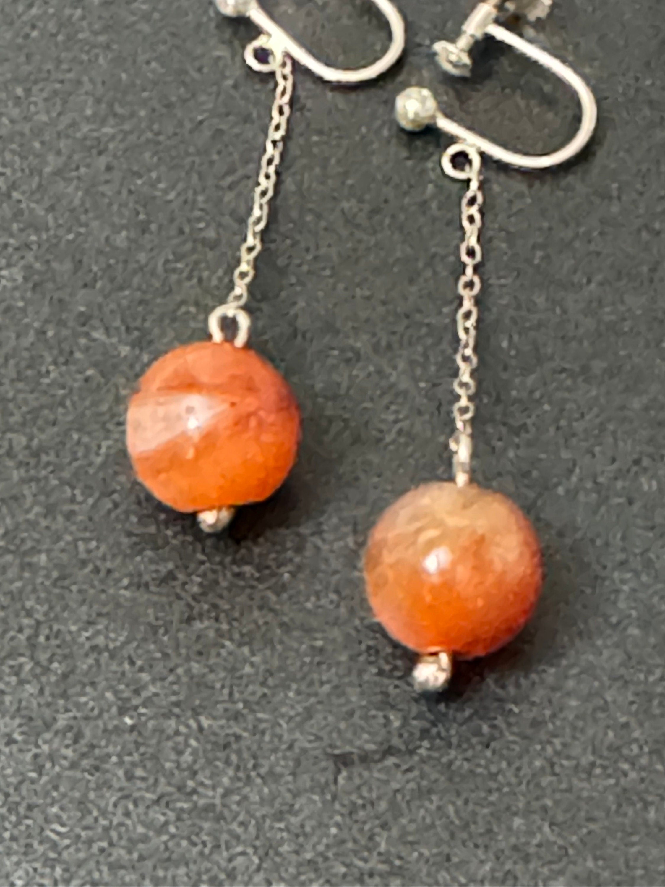 Vintage Art Deco 925 sterling silver carnelian bead ball Screw Back Clip on dangle chain Earrings 1920s 1930s 1940s