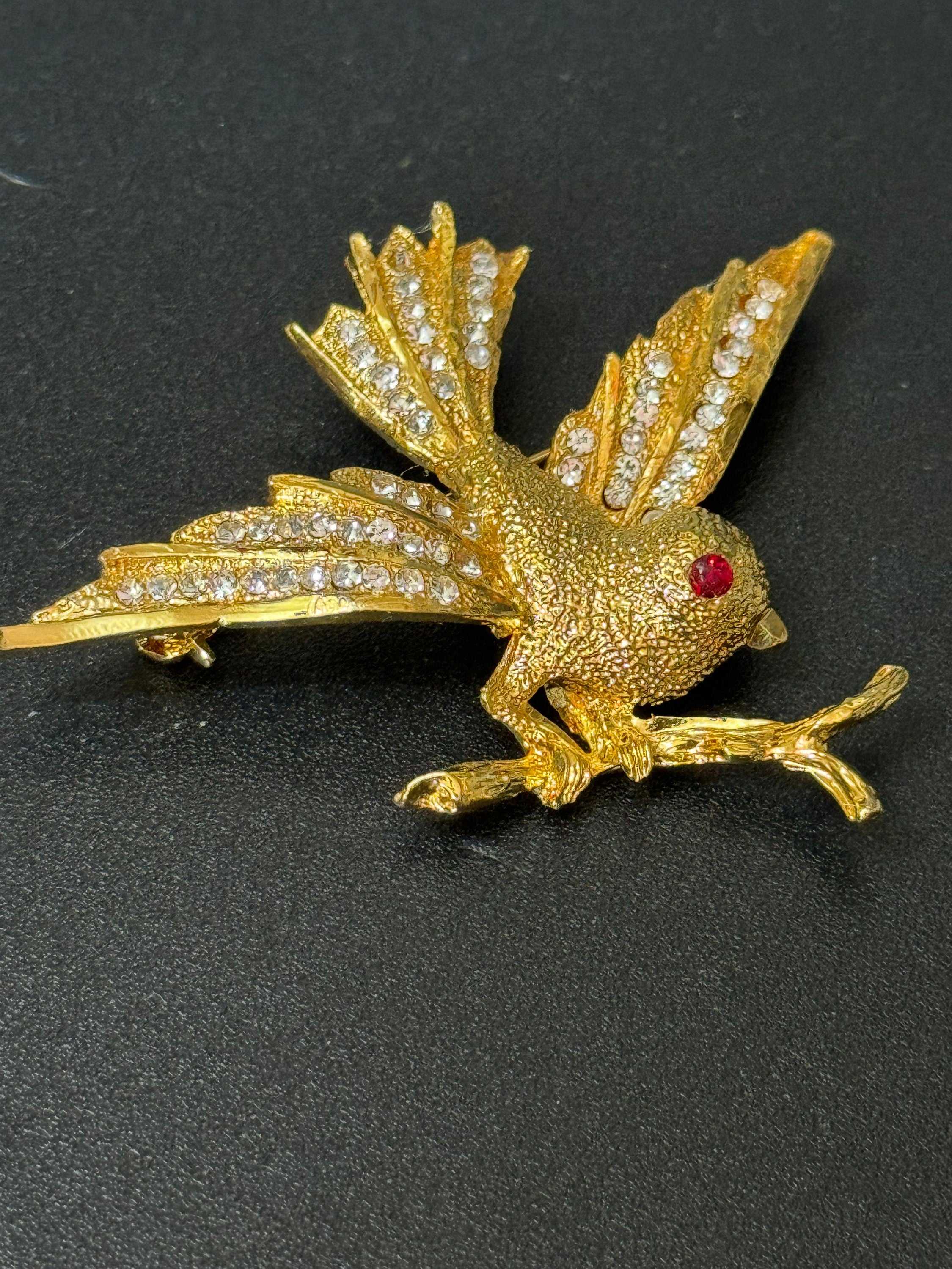 Vintage gold tone large Diamanté bird brooch Ruby eyes