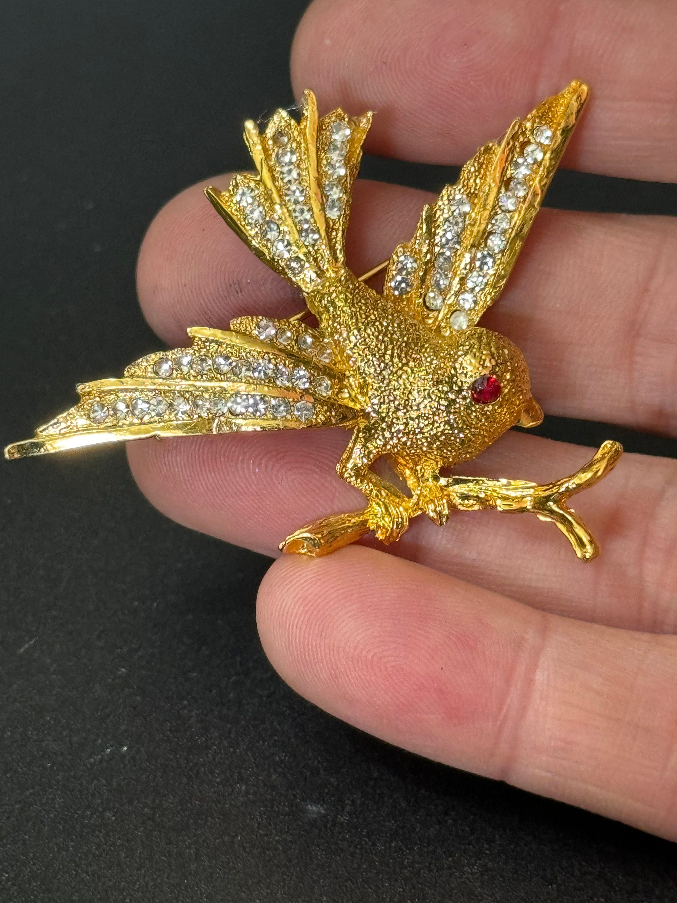 Vintage gold tone large Diamanté bird brooch Ruby eyes