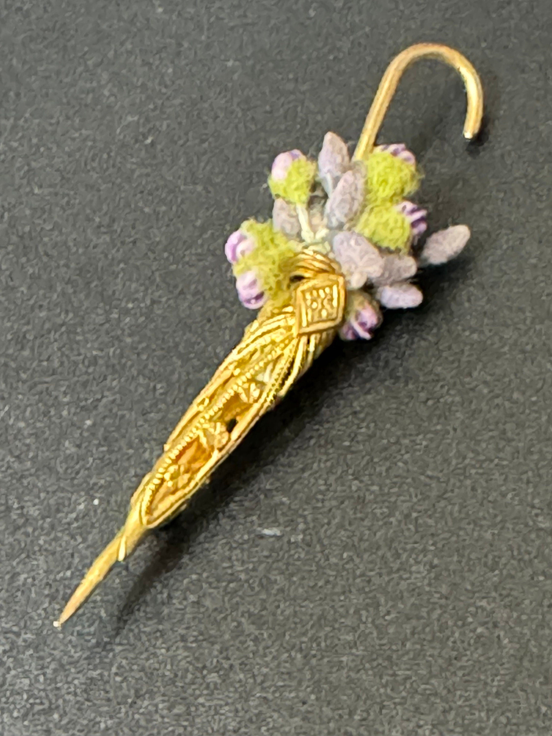 Antique Czech gold tone brass green purple floral Novelty Parasol Umbrella brooch