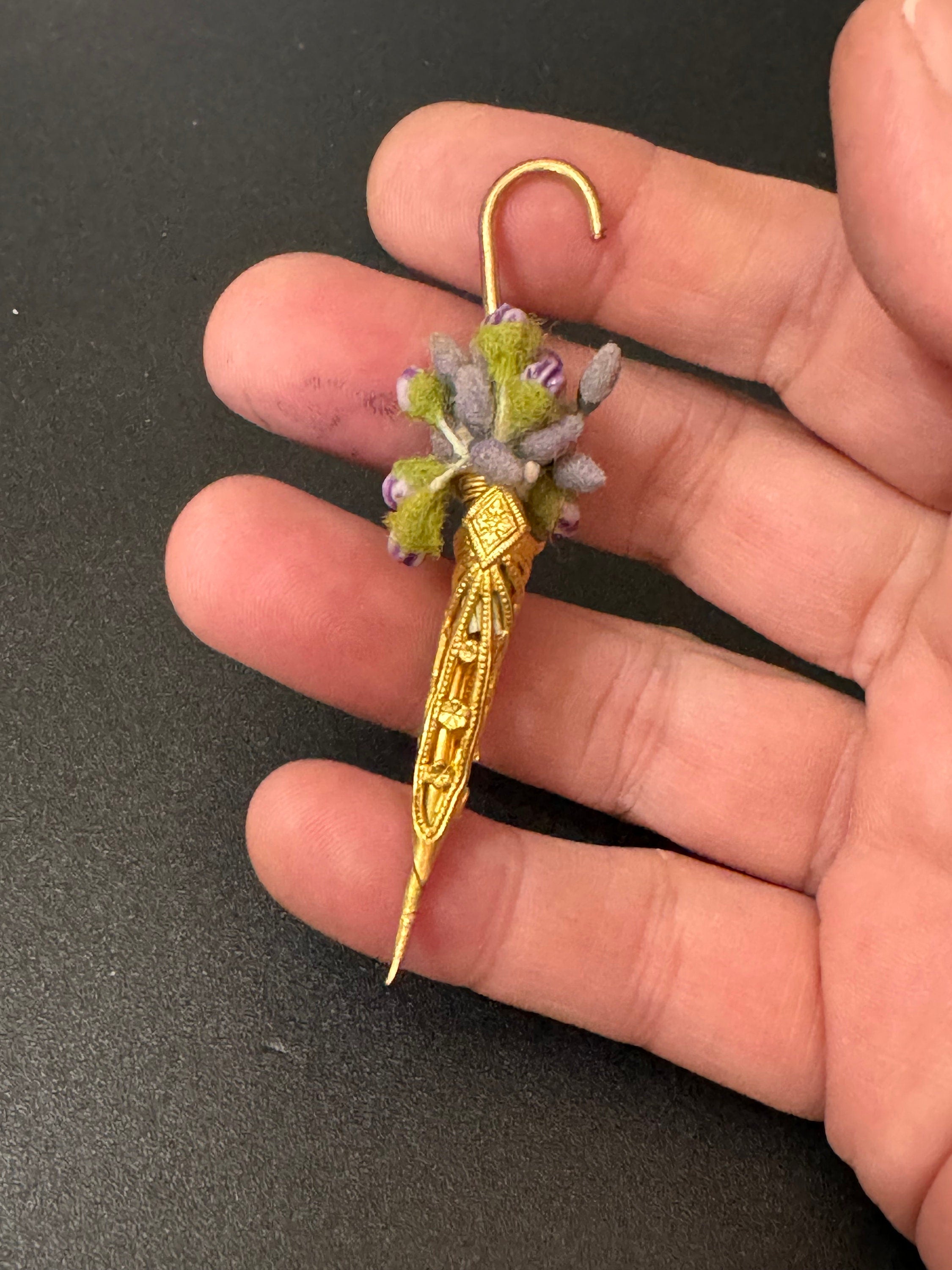 Antique Czech gold tone brass green purple floral Novelty Parasol Umbrella brooch