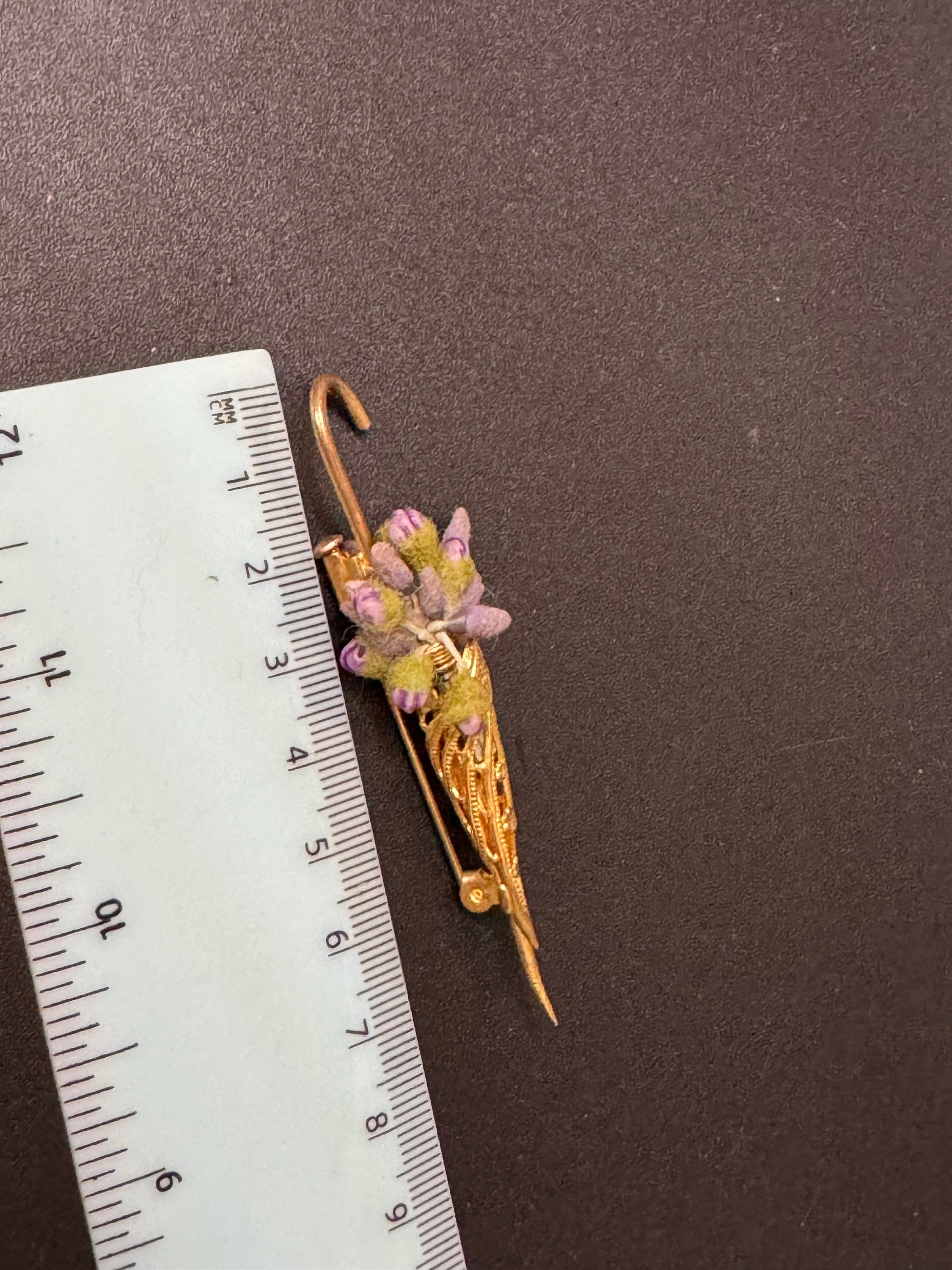 Antique Czech gold tone brass green purple floral Novelty Parasol Umbrella brooch
