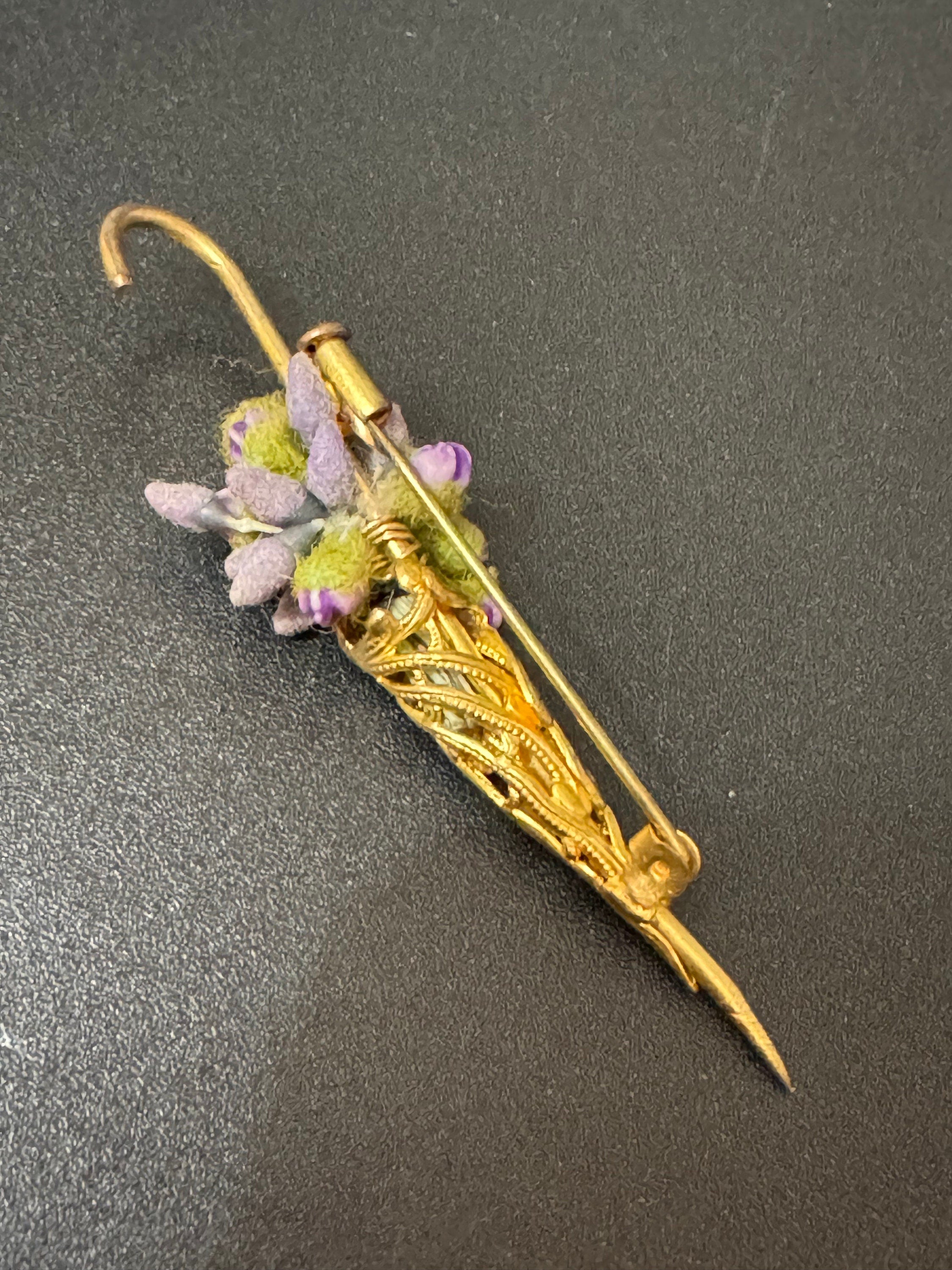 Antique Czech gold tone brass green purple floral Novelty Parasol Umbrella brooch