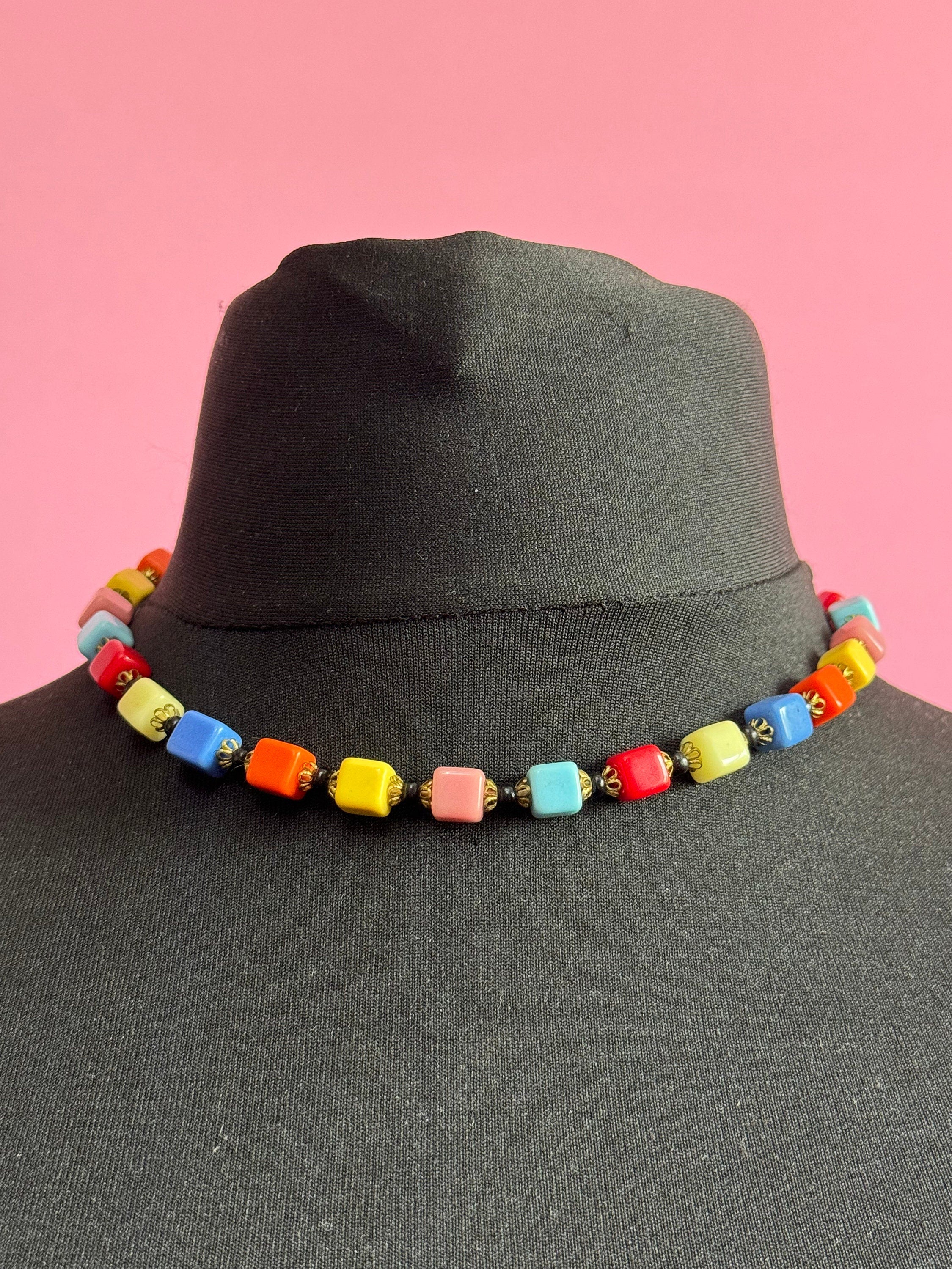 Vintage ceramic harlequin square beaded necklace rainbow red pink blue green yellow beads 44cm