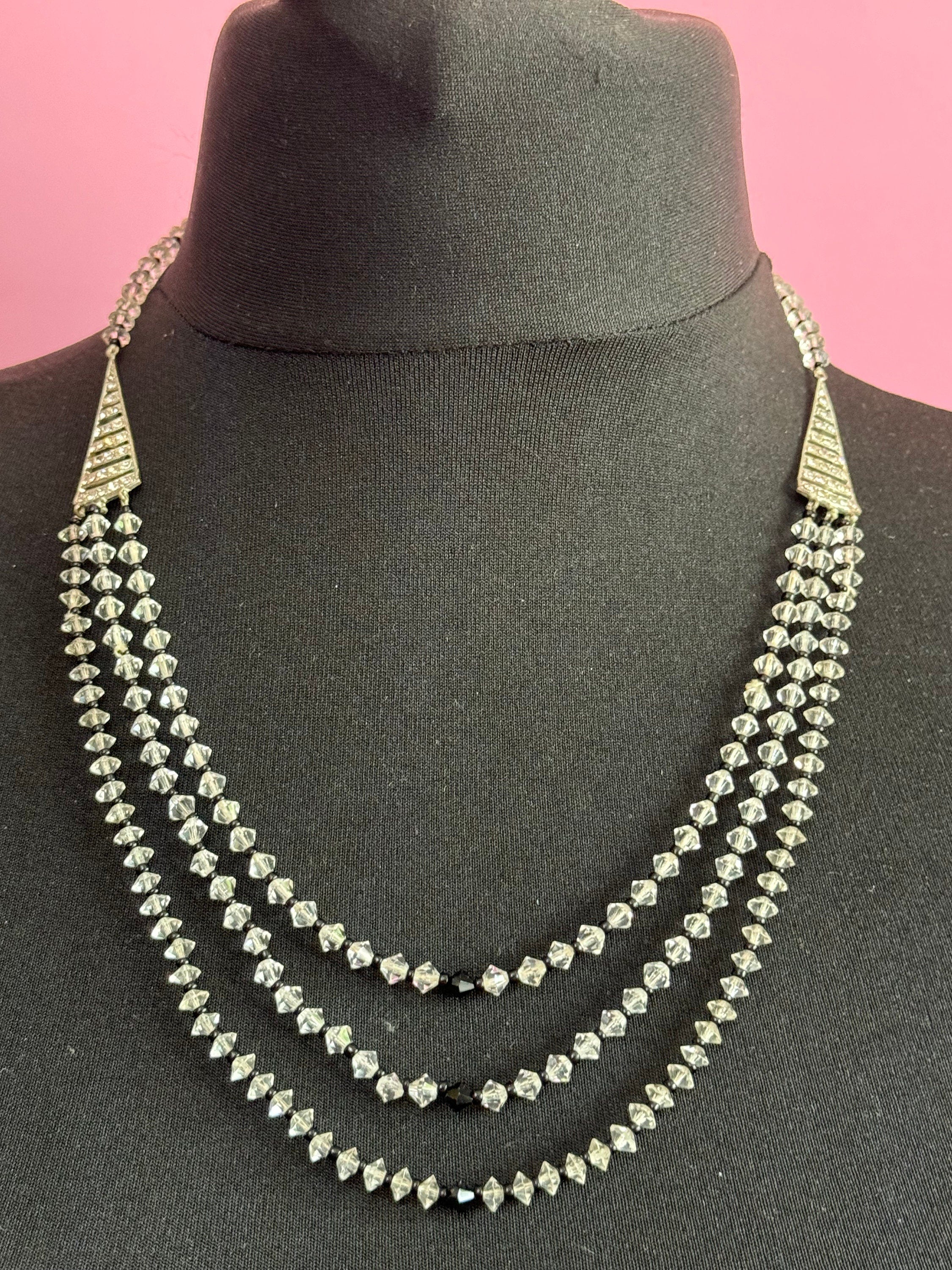 Antique art deco dainty 3 row clear diamante crystal necklace Petite 1950s black and clear glass