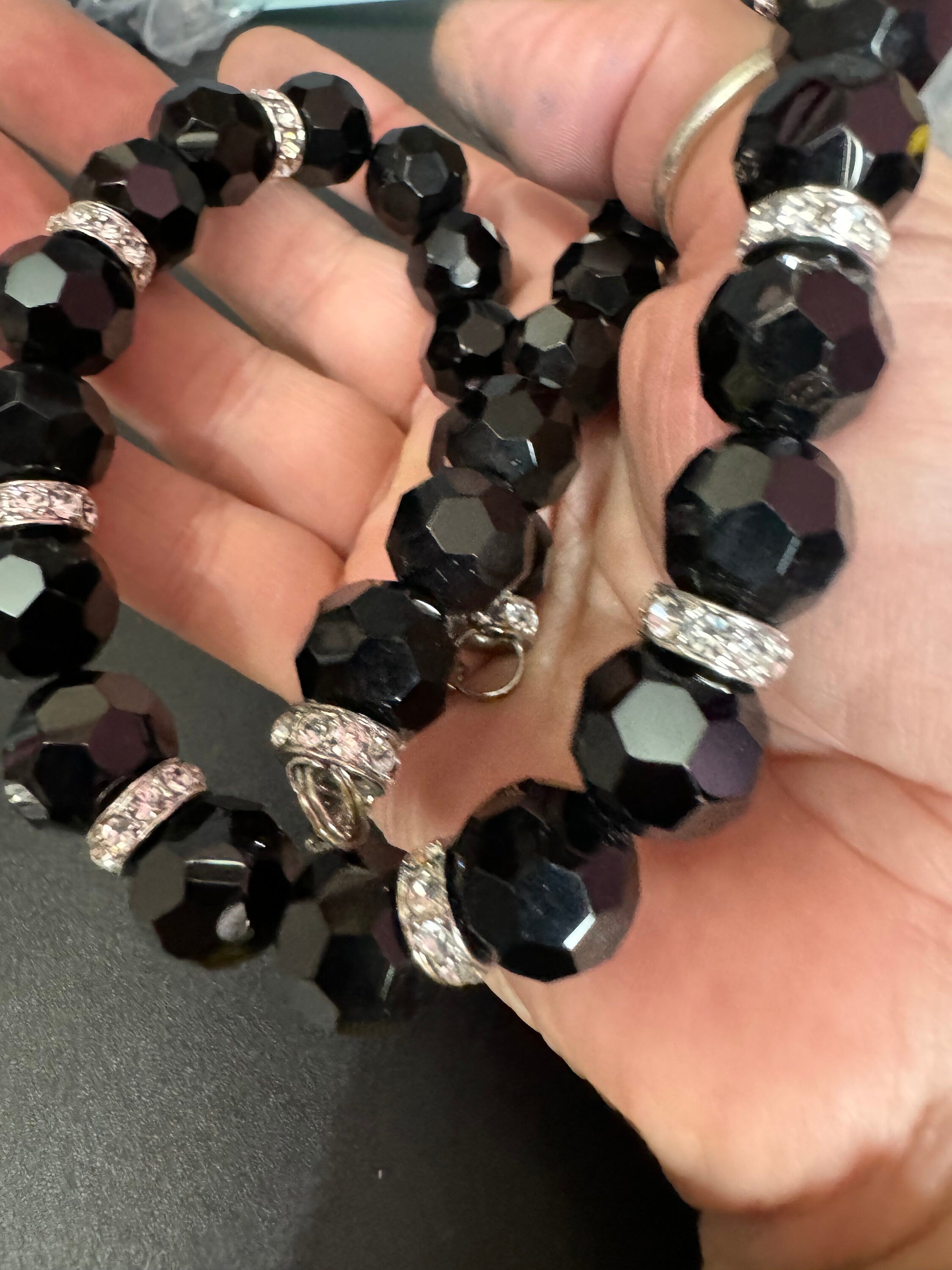 Mid century monochrome black clear glass paste diamanté faceted beaded necklace Art Deco gatsby party 47-55cm