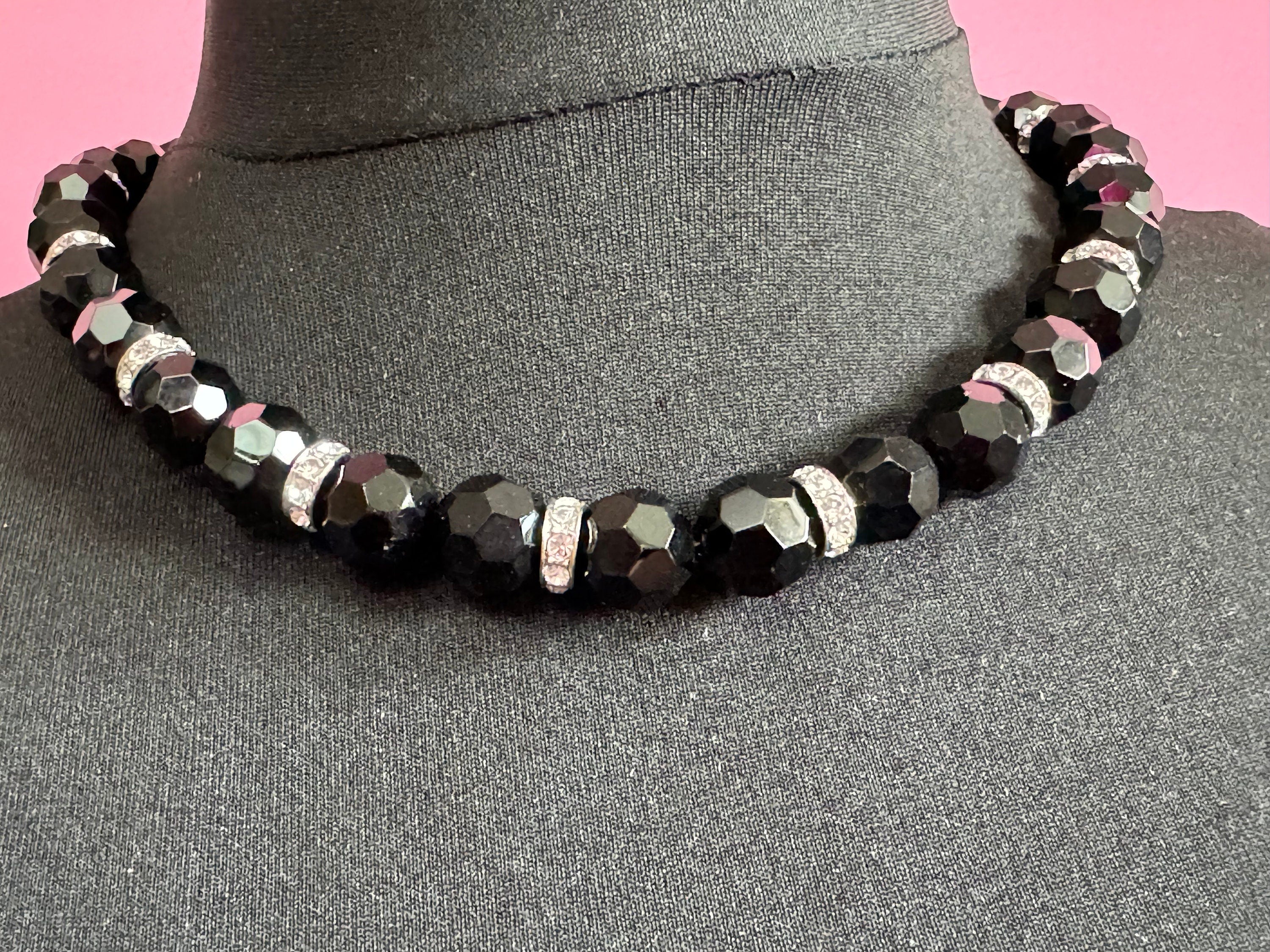 Mid century monochrome black clear glass paste diamanté faceted beaded necklace Art Deco gatsby party 47-55cm
