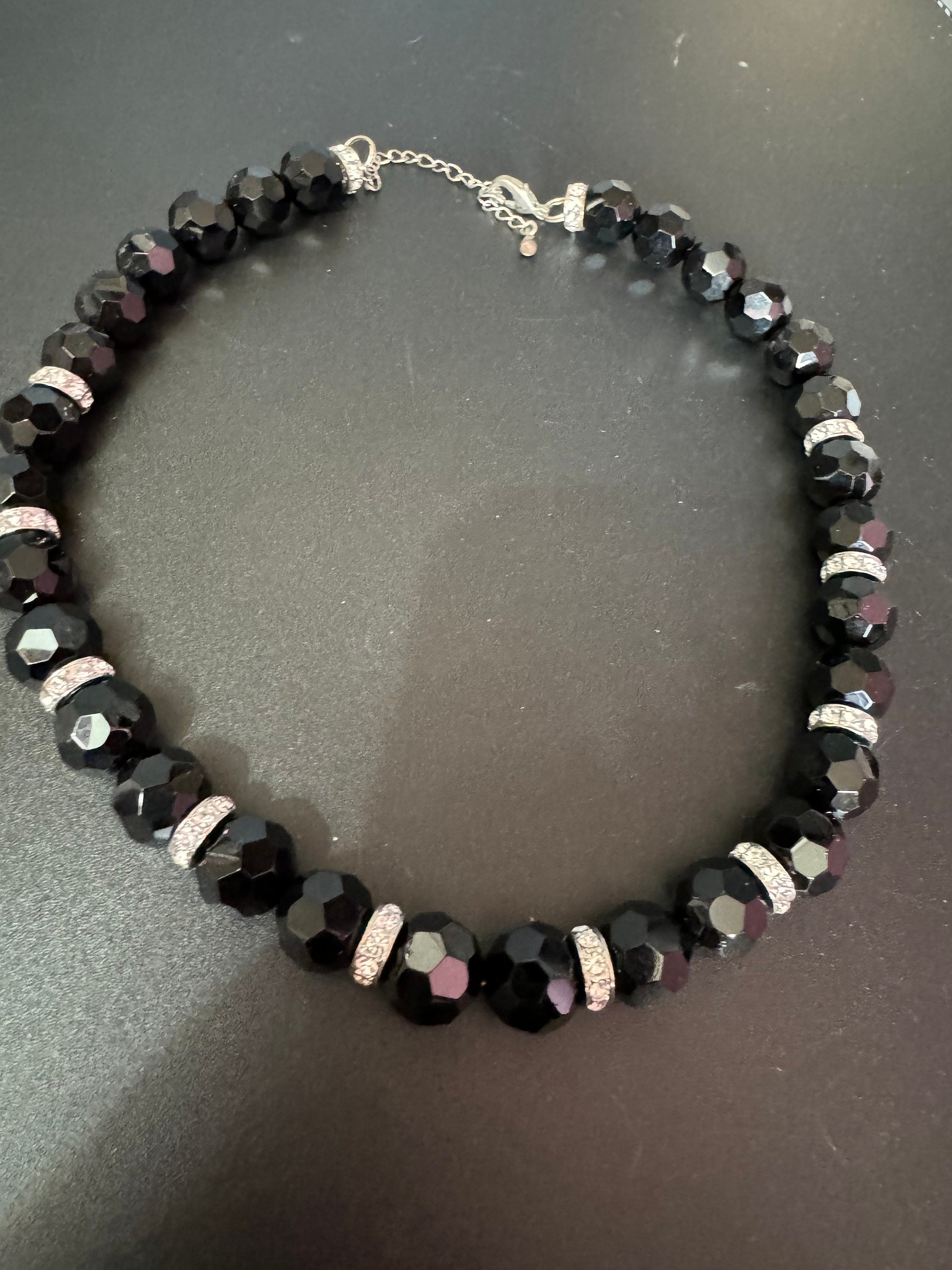 Mid century monochrome black clear glass paste diamanté faceted beaded necklace Art Deco gatsby party 47-55cm