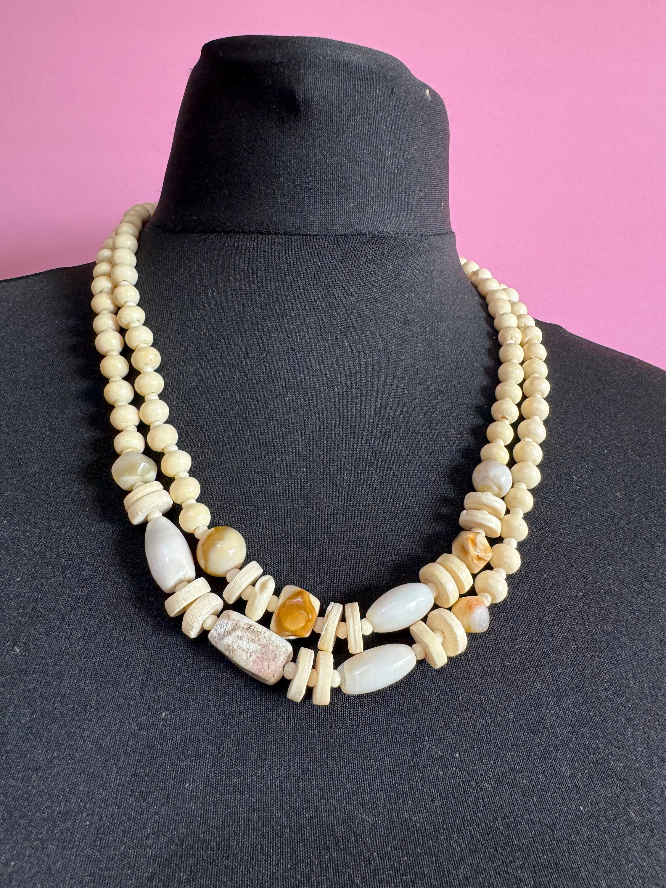 Vintage Cream Beige Glass Bead Necklace: 1970s Flapper Style, 120cm
