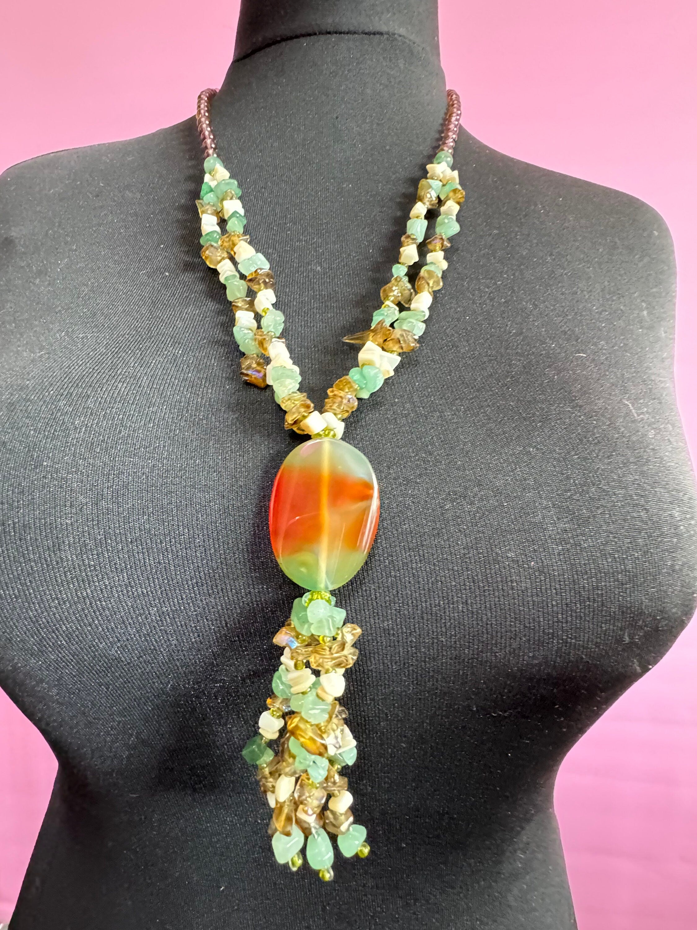 Vintage natural green lilac purple agate gemstone beaded pendant drop necklace gold tone Adventurine 72cm