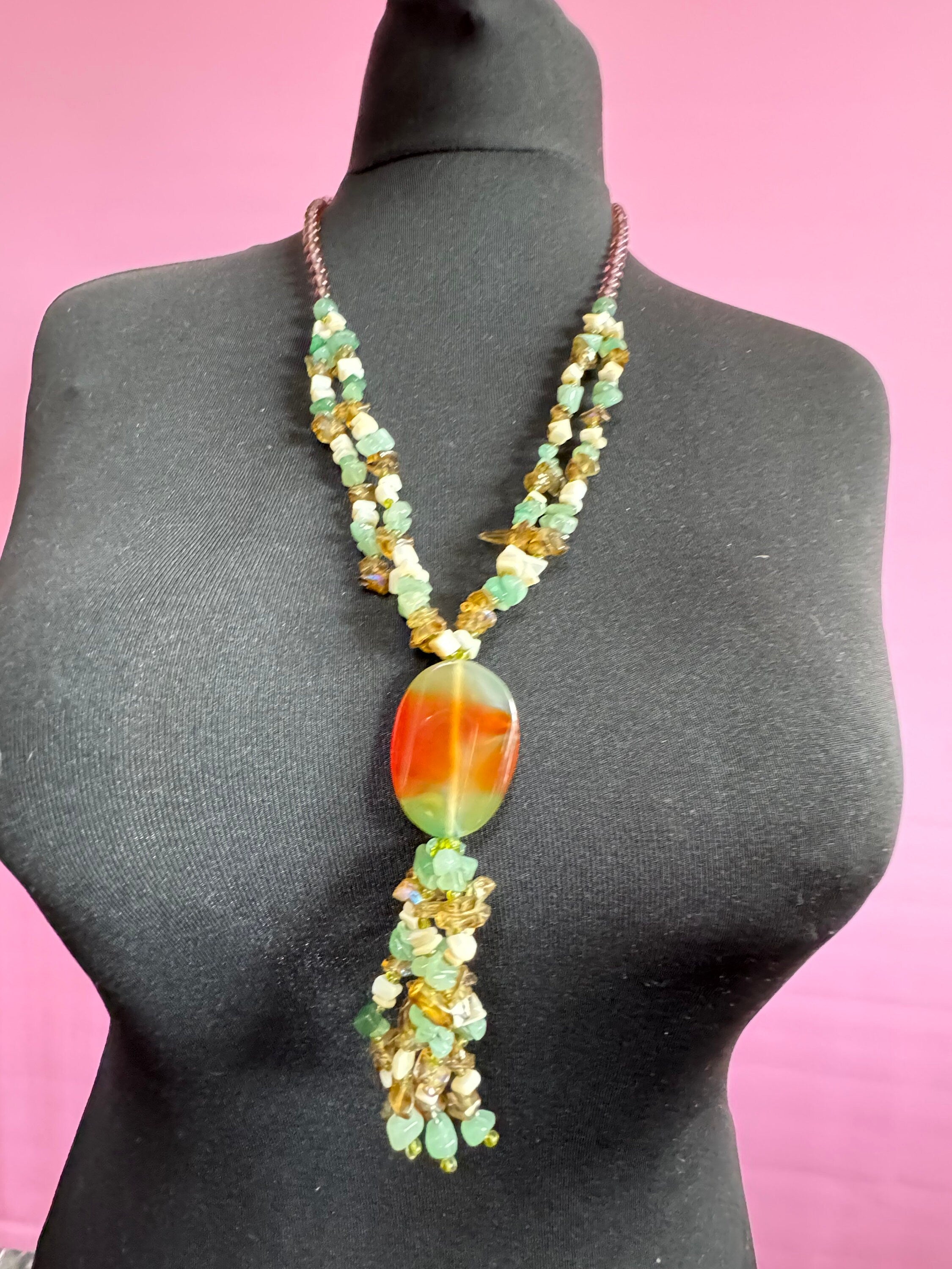 Vintage natural green lilac purple agate gemstone beaded pendant drop necklace gold tone Adventurine 72cm