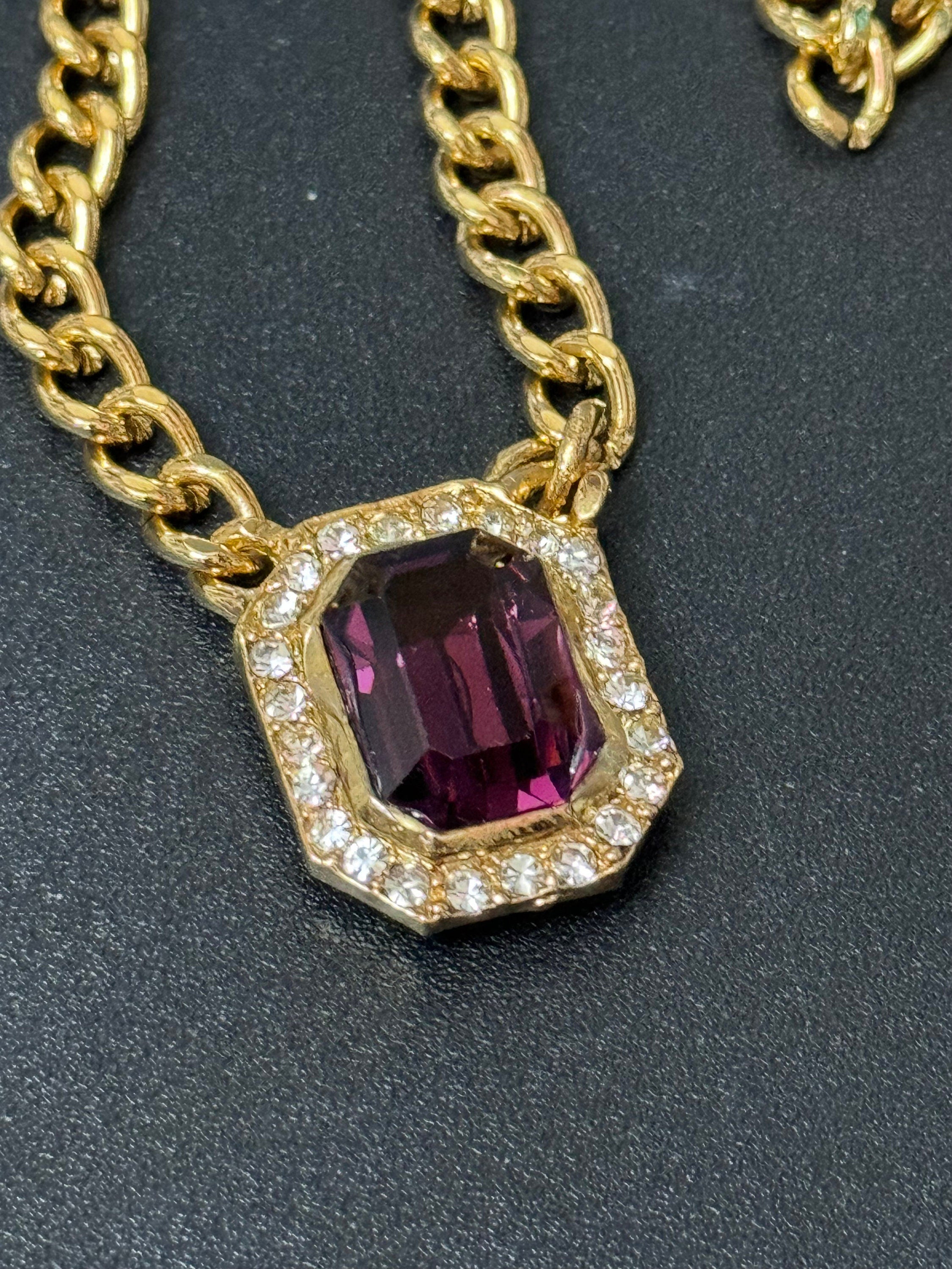 Vintage 1980s Swarovski crystal set amethyst purple and clear diamanté octagonal pendant necklace gold tone high end old shop stock