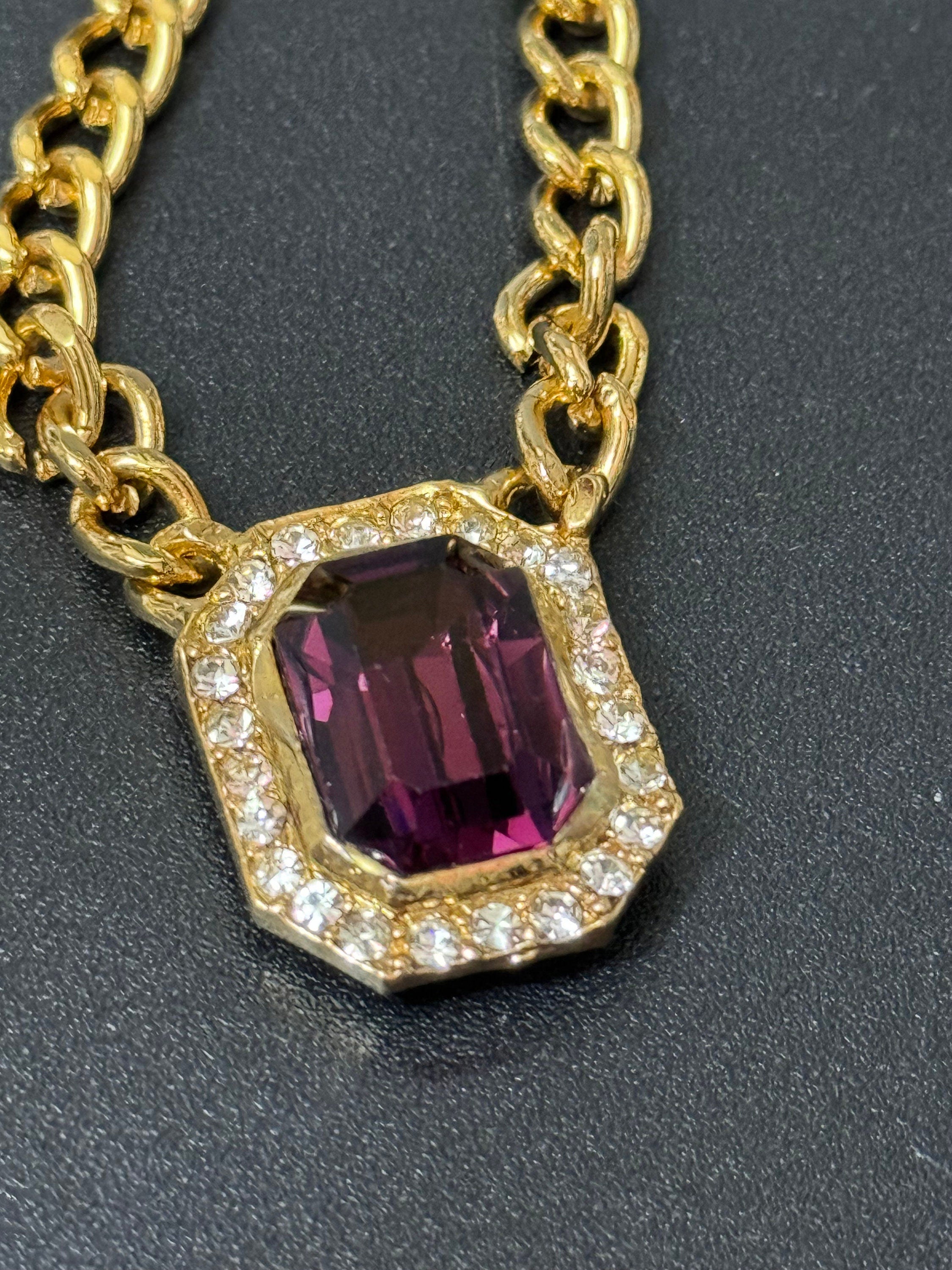 Vintage 1980s Swarovski crystal set amethyst purple and clear diamanté octagonal pendant necklace gold tone high end old shop stock