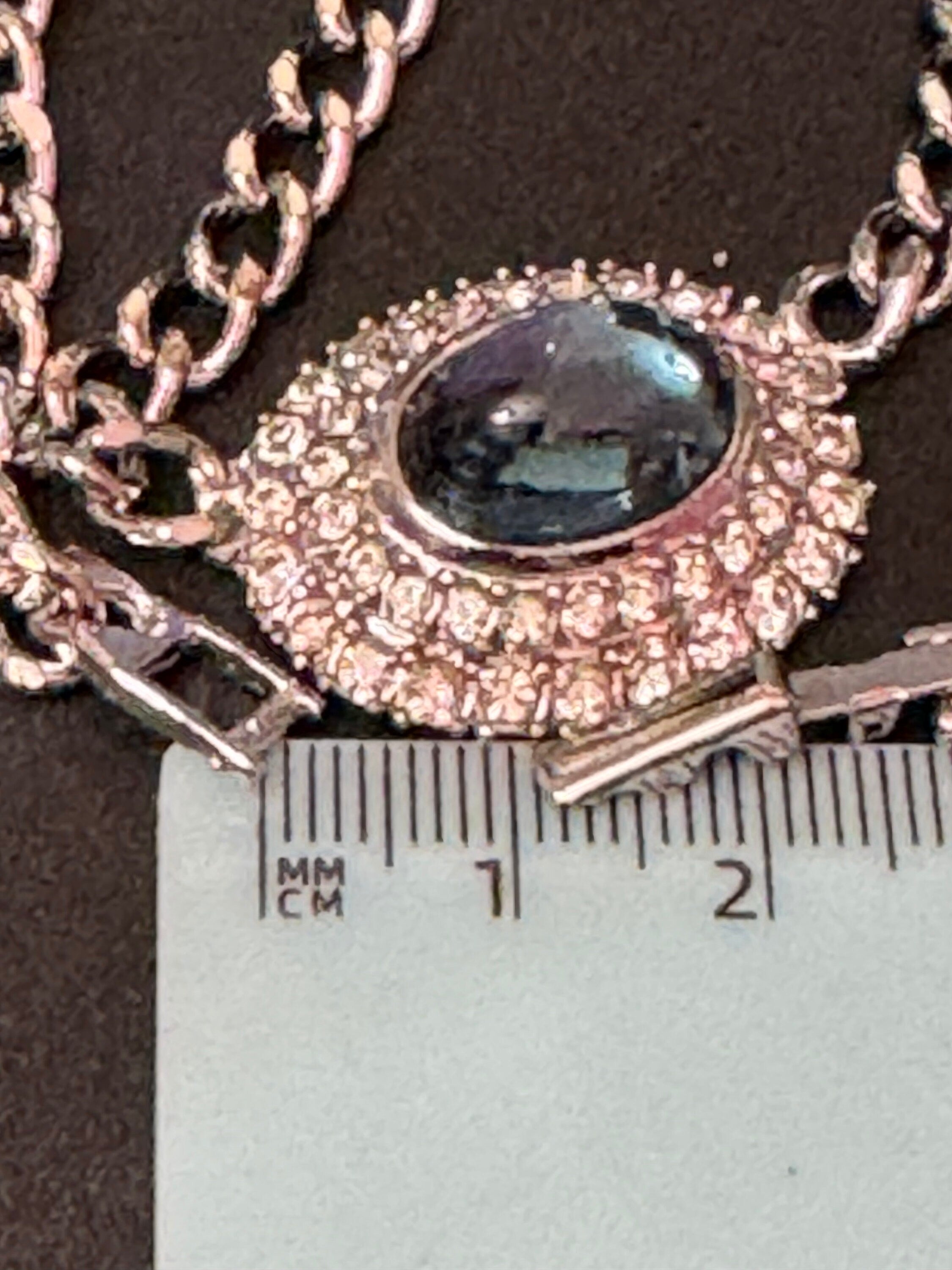 Vintage 1980s Swarovski crystal set sapphire blue cabochon and clear diamanté oval pendant necklace silver tone high end old shop stock