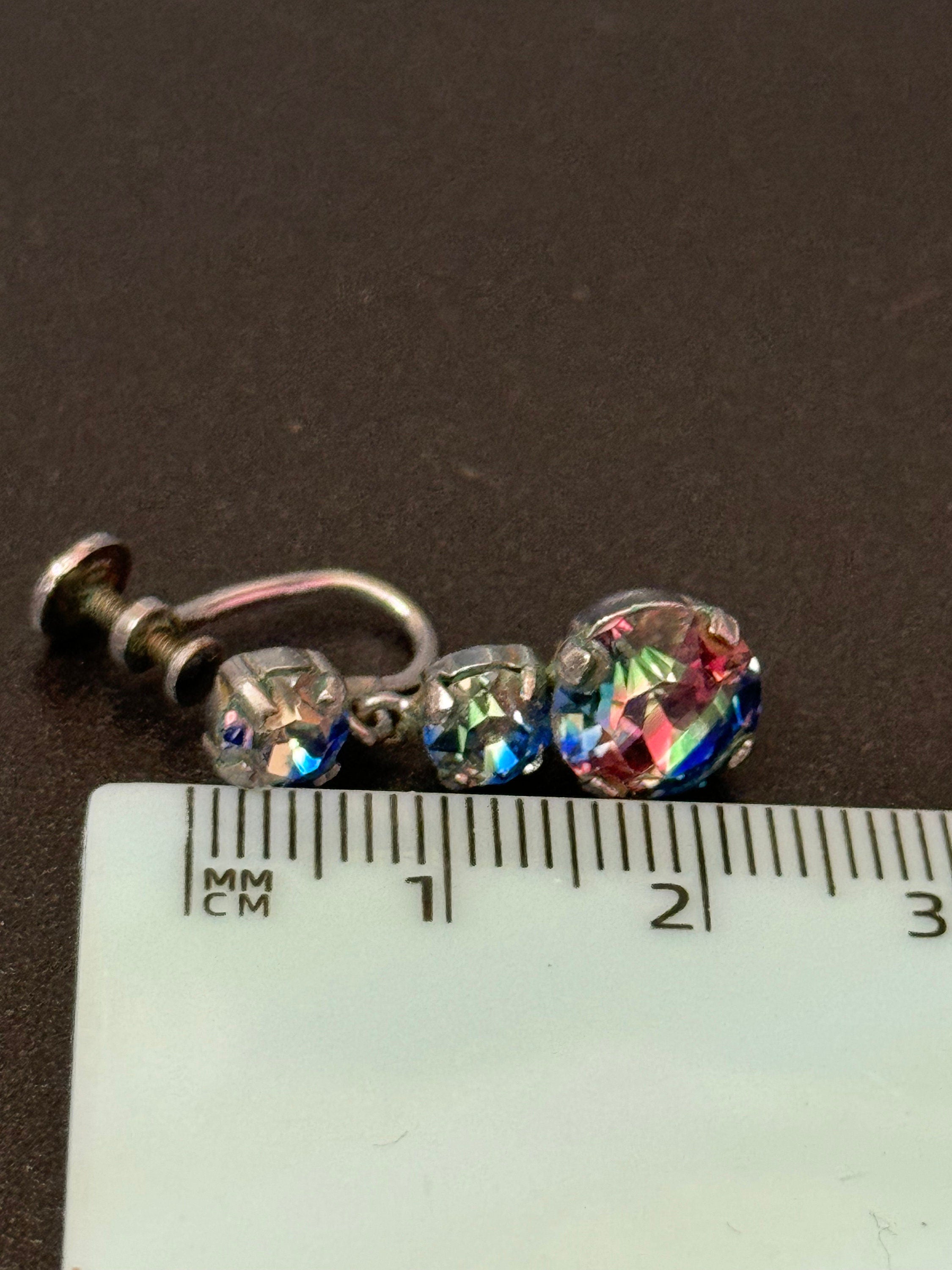 Iris glass Vintage silver tone chrome Clip on Screw Back dainty drop earrings paste rhinestone diamanté 1940s 1950s rainbow