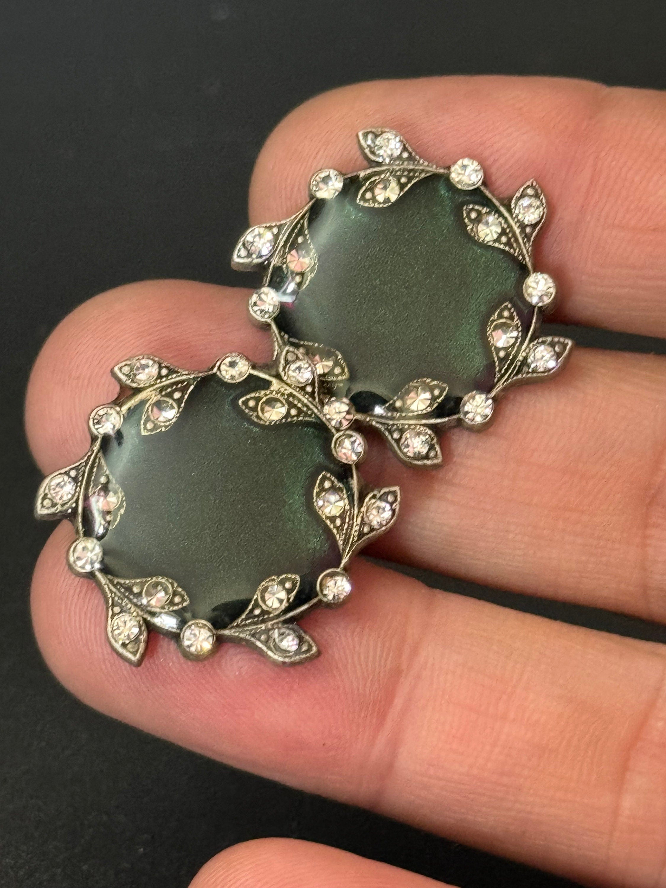Dark Green Enamel Diamanté Clip On Earrings - Silver Tone