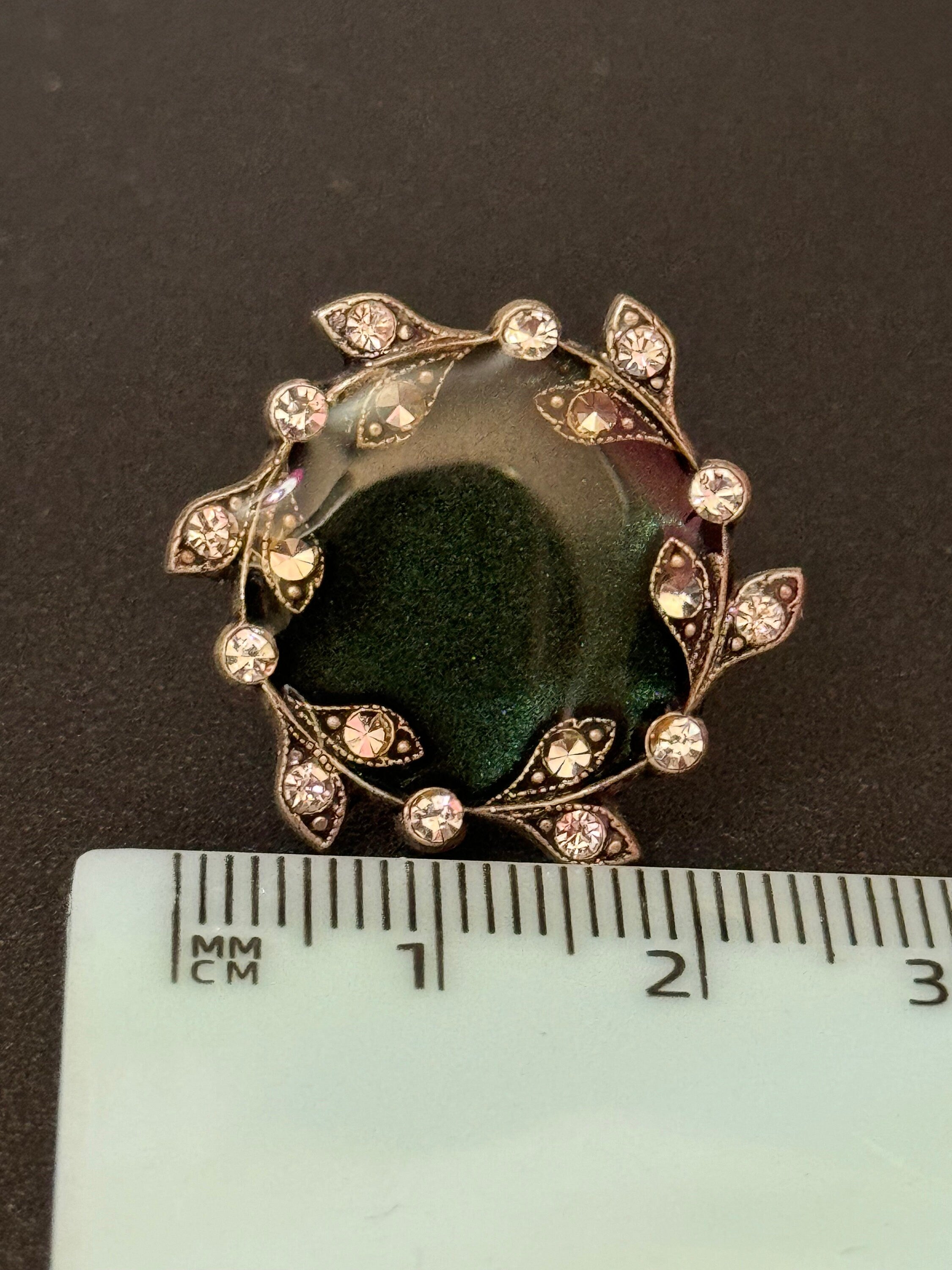 Dark Green Enamel Diamanté Clip On Earrings - Silver Tone