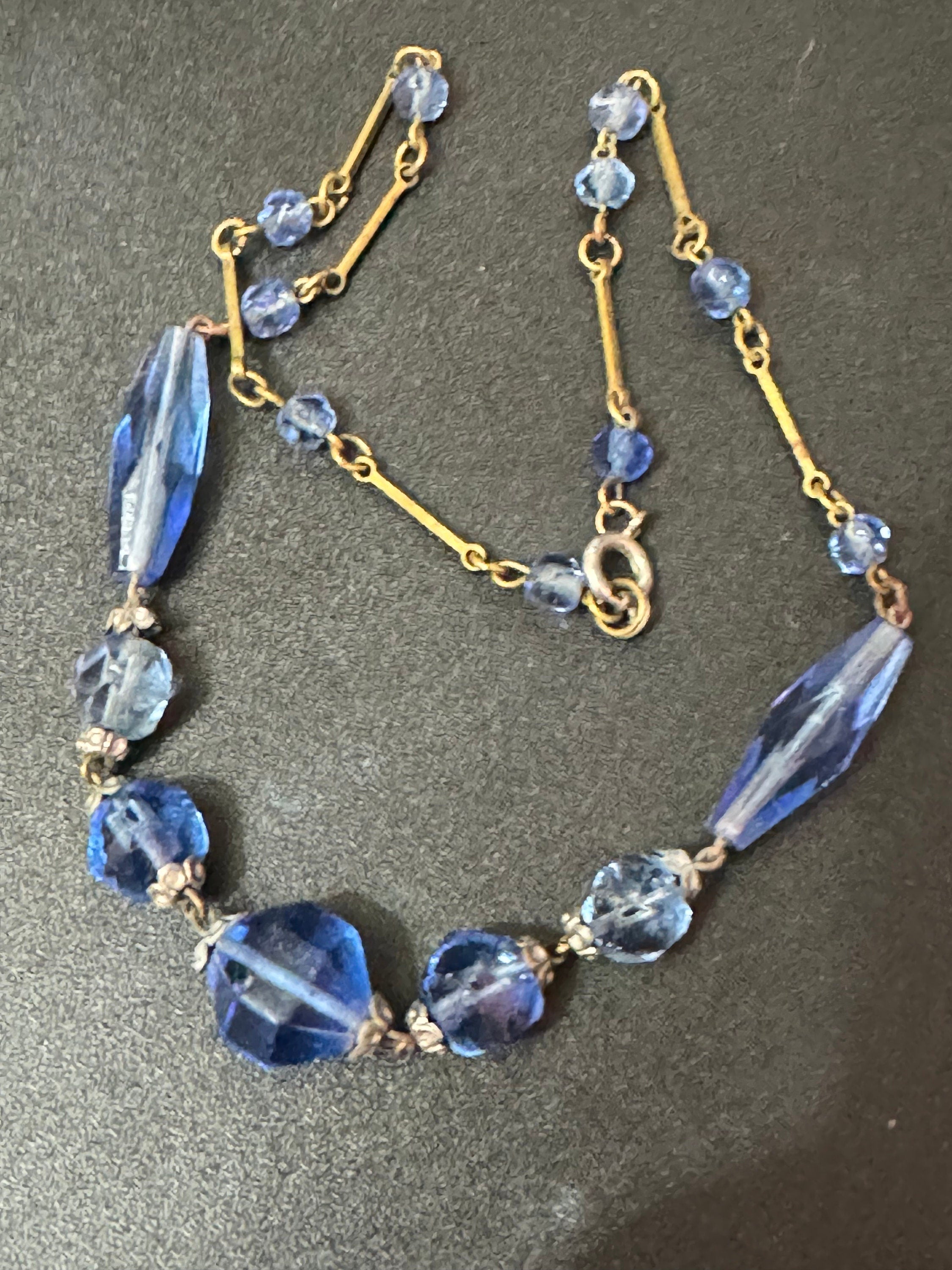 Art Deco Blue Faceted Glass Beaded Necklace - 1920s Petite Fit