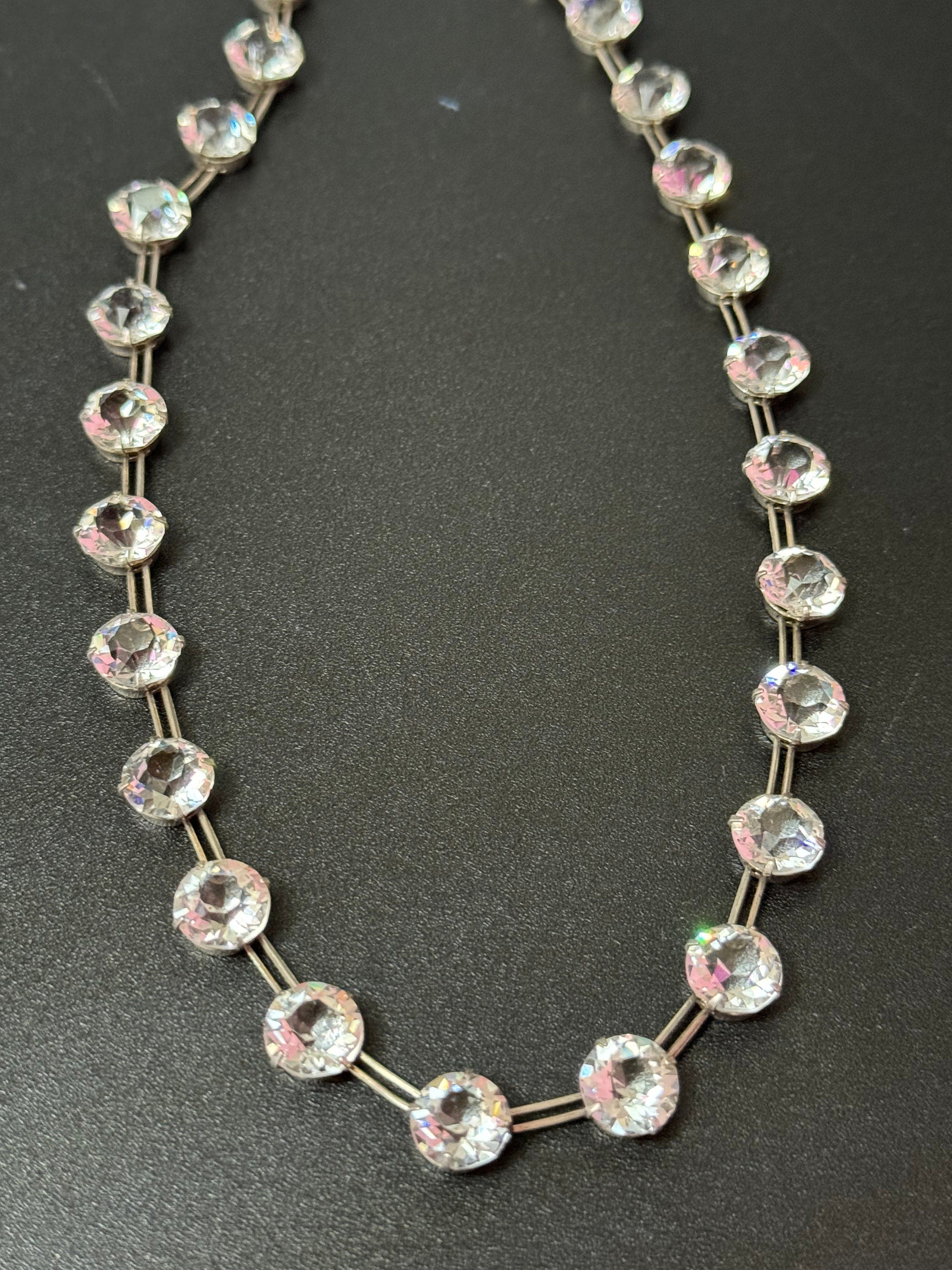39cm petite fit Art Deco sterling silver open back crystal clear diamanté Paste Rhinestone glass necklace 1920s