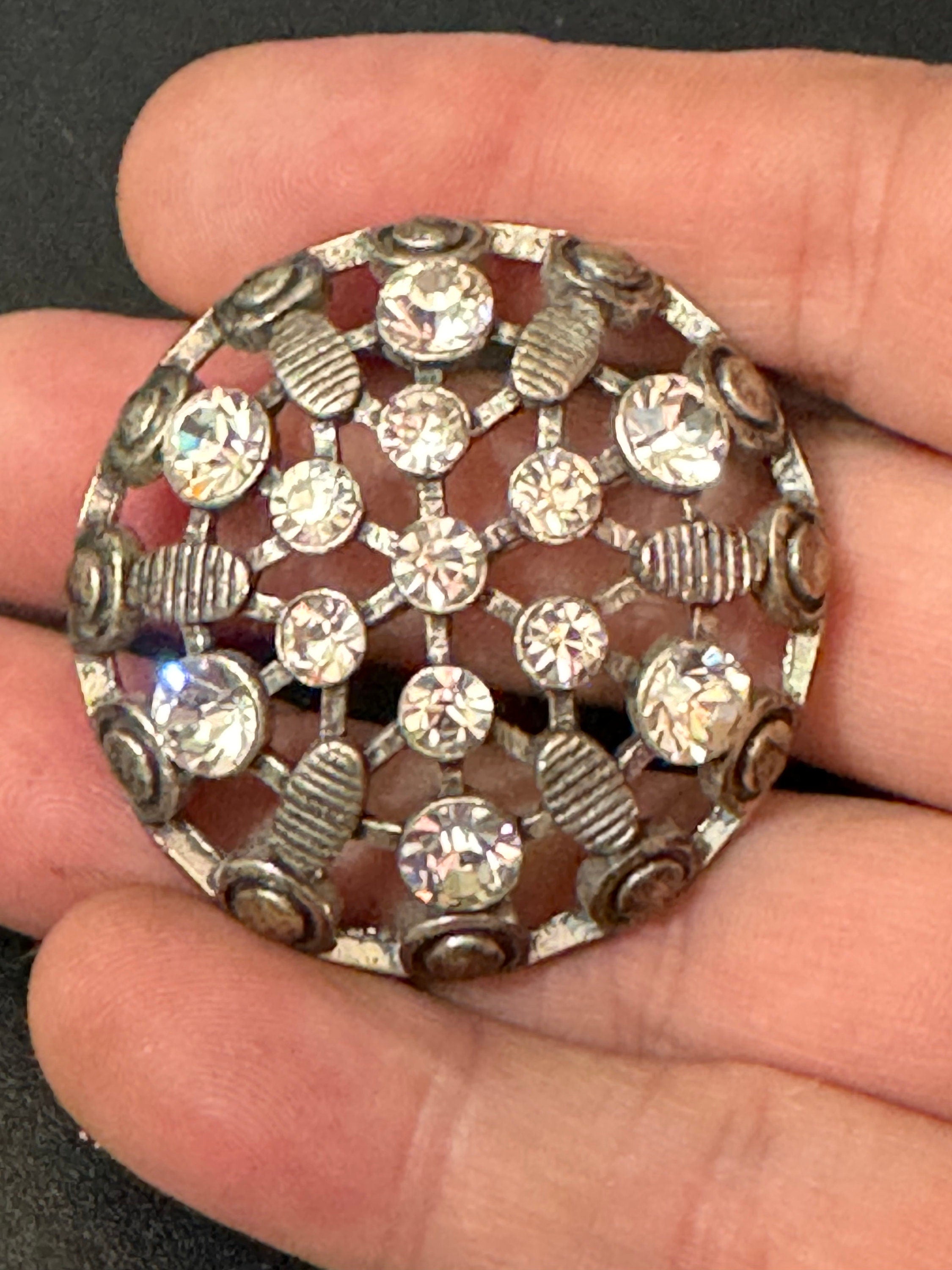 diamanté domed round brooch, Vintage clear rhinestones