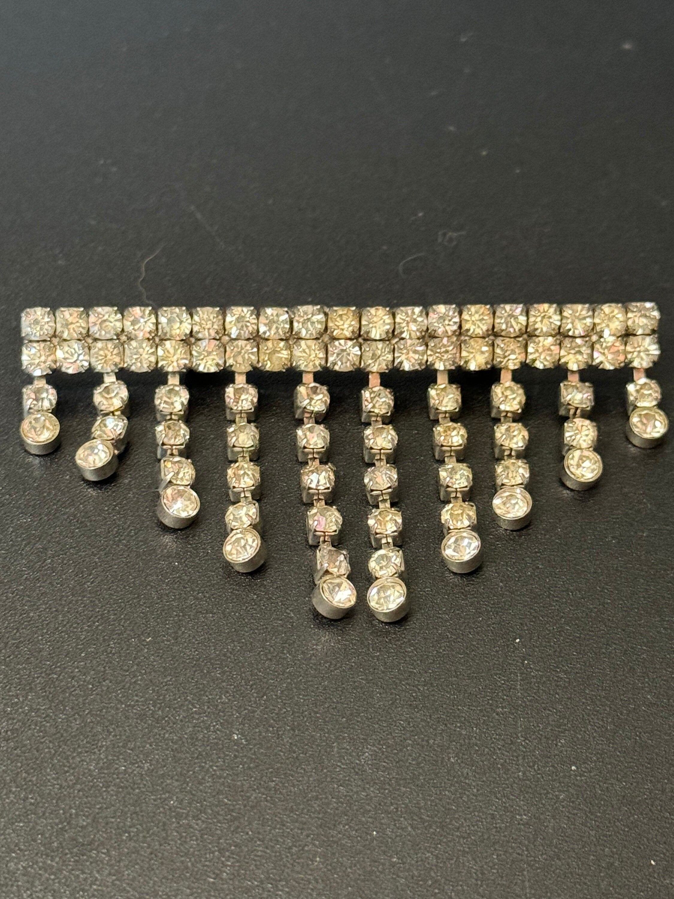 Vintage fringed tassel brooch, diamanté paste 1970s 1980s