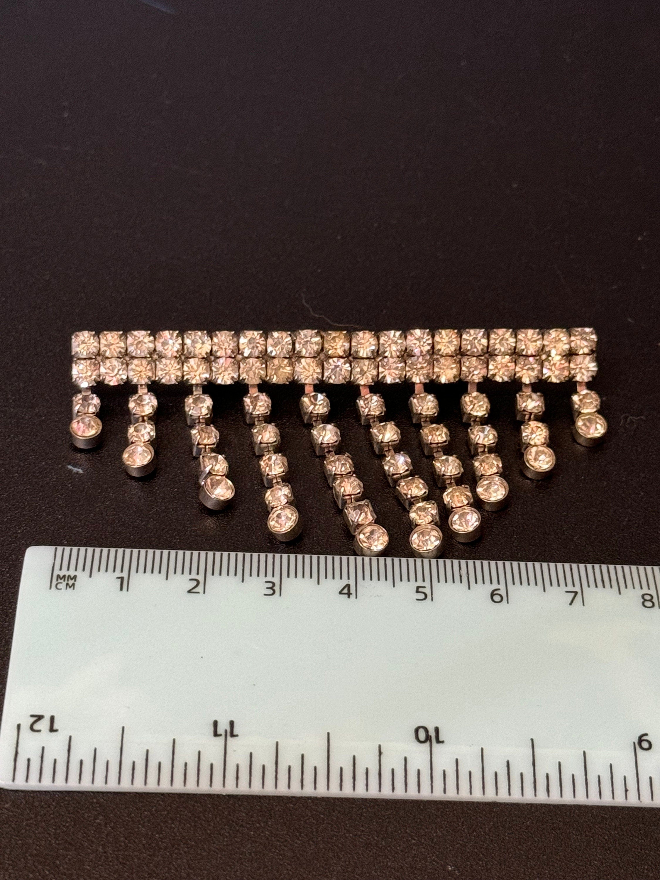 Vintage chrome silver tone fringed dangle drop wide bar brooch diamanté paste 1970s 1980s 8cm