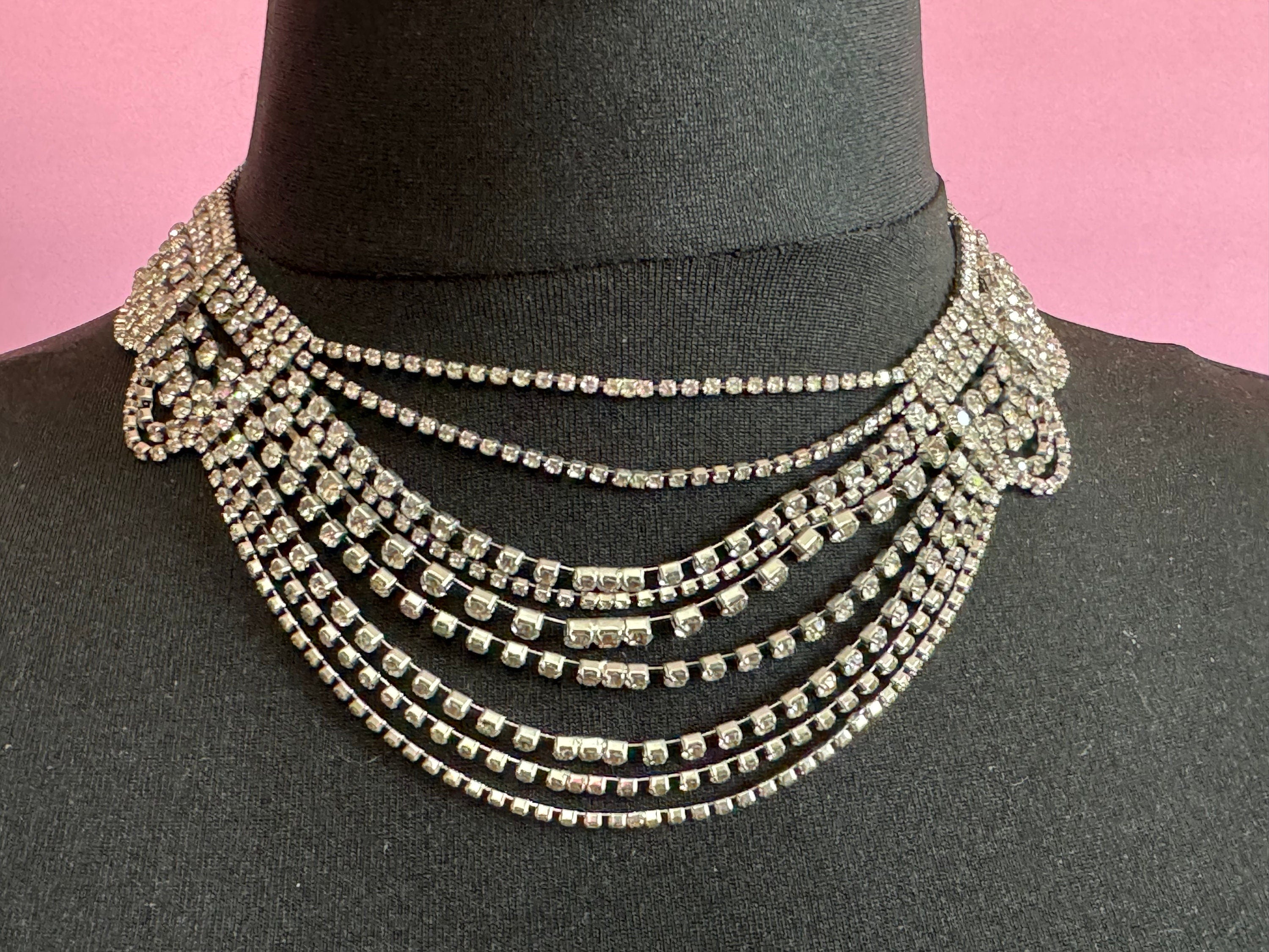39-45cm ornate silver Clear glass Diamanté rhinestone paste waterfall bib swag cocktail necklace